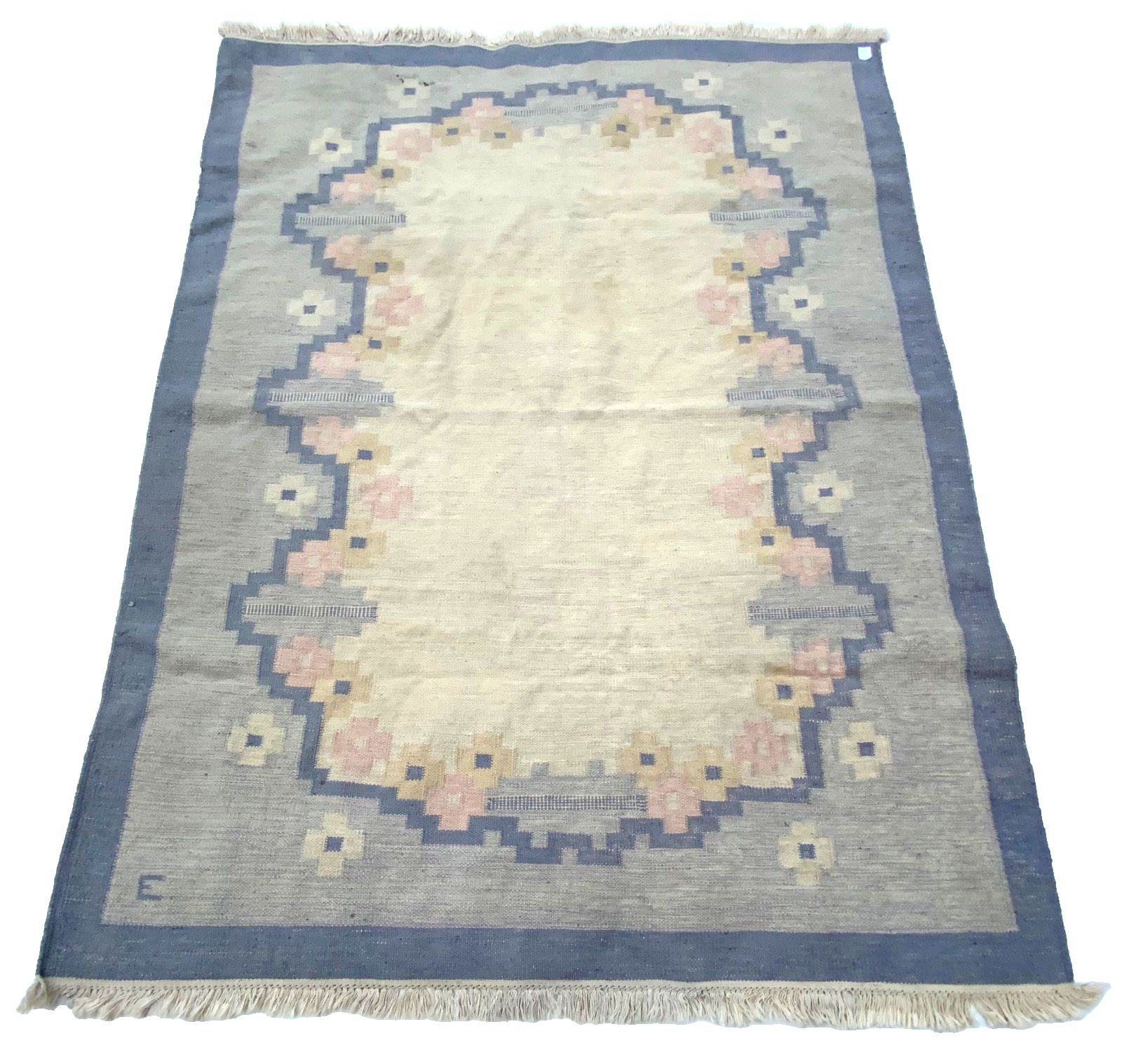 Mid Century Swedish Kilim Röllakan Rug In Pale Grey, Signed By “E” 1960s photo Textiles