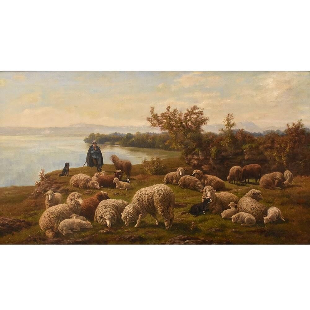 Antique Nature Oil Painting, Landscape With Flock And Shepherd, 19th Century photo for sale