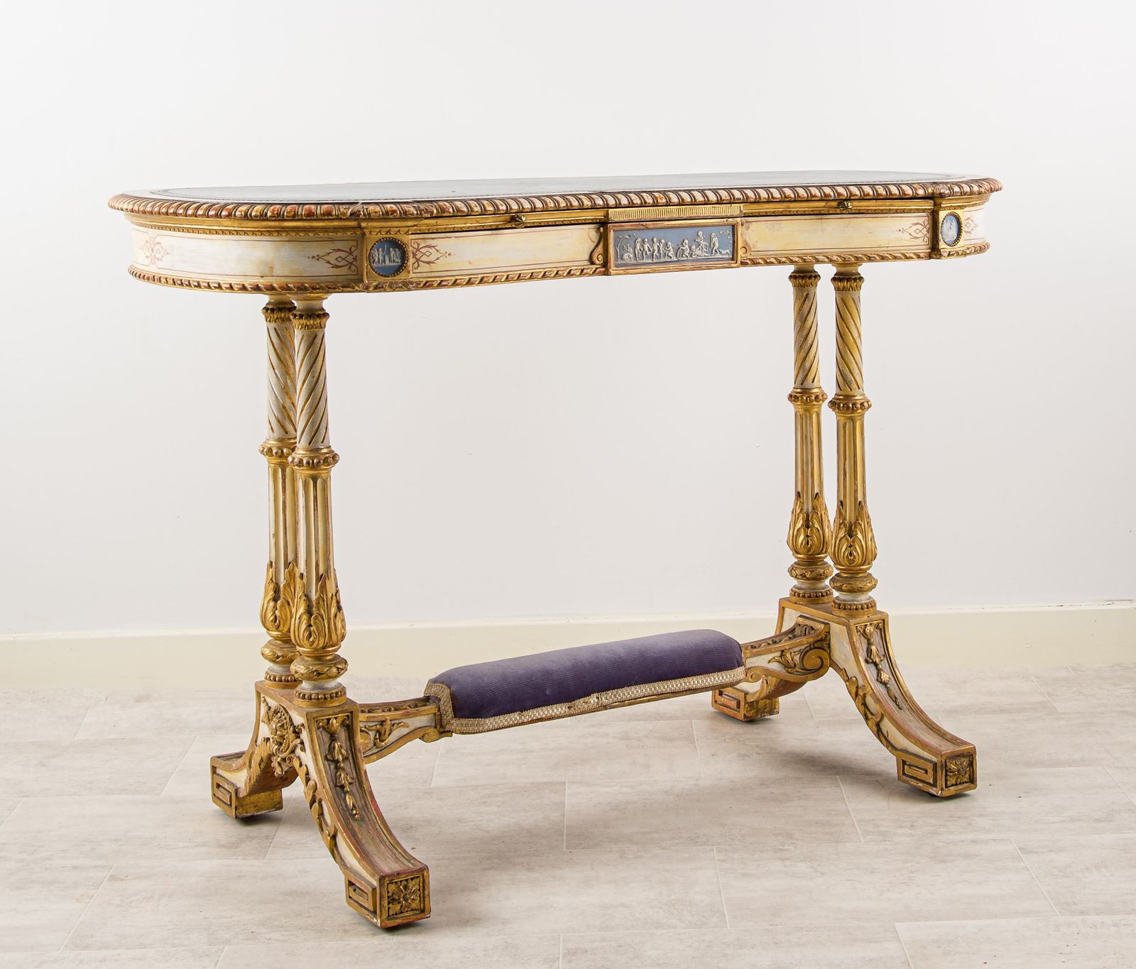 19th Century French Kidney Shaped Giltwood Writing Table With Painted Decoration