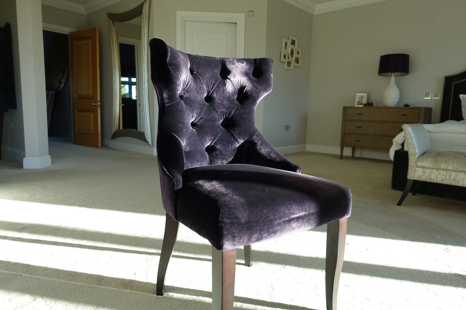 Luxury Upholstered Dark Purple Accent Chair, Solid Deep Brown Wooden Legs