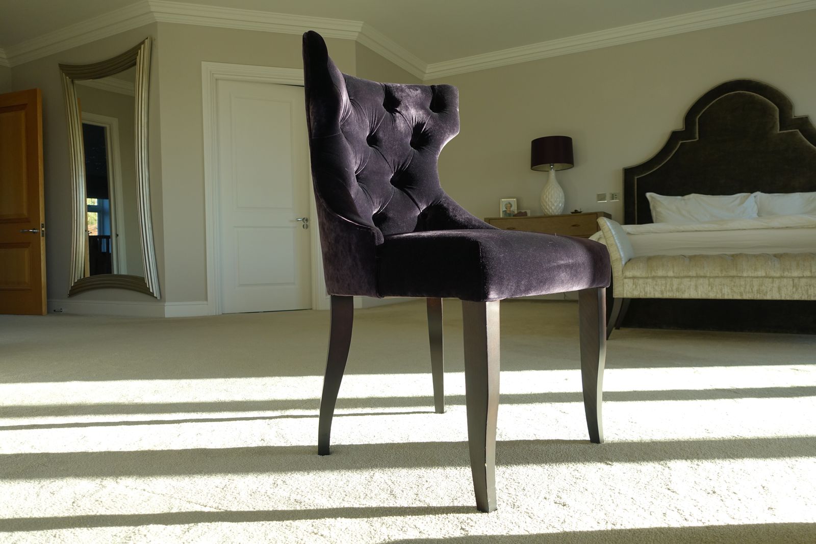 Luxury Upholstered Dark Purple Accent Chair, Solid Deep Brown Wooden Legs photo furniture