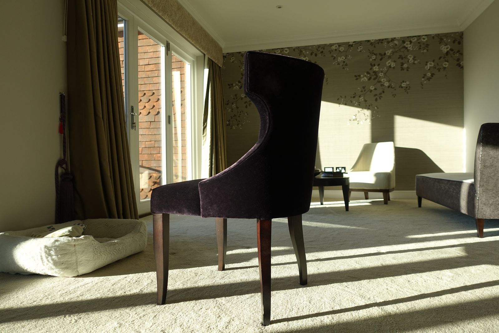 Luxury Upholstered Dark Purple Accent Chair, Solid Deep Brown Wooden Legs photo 500.0