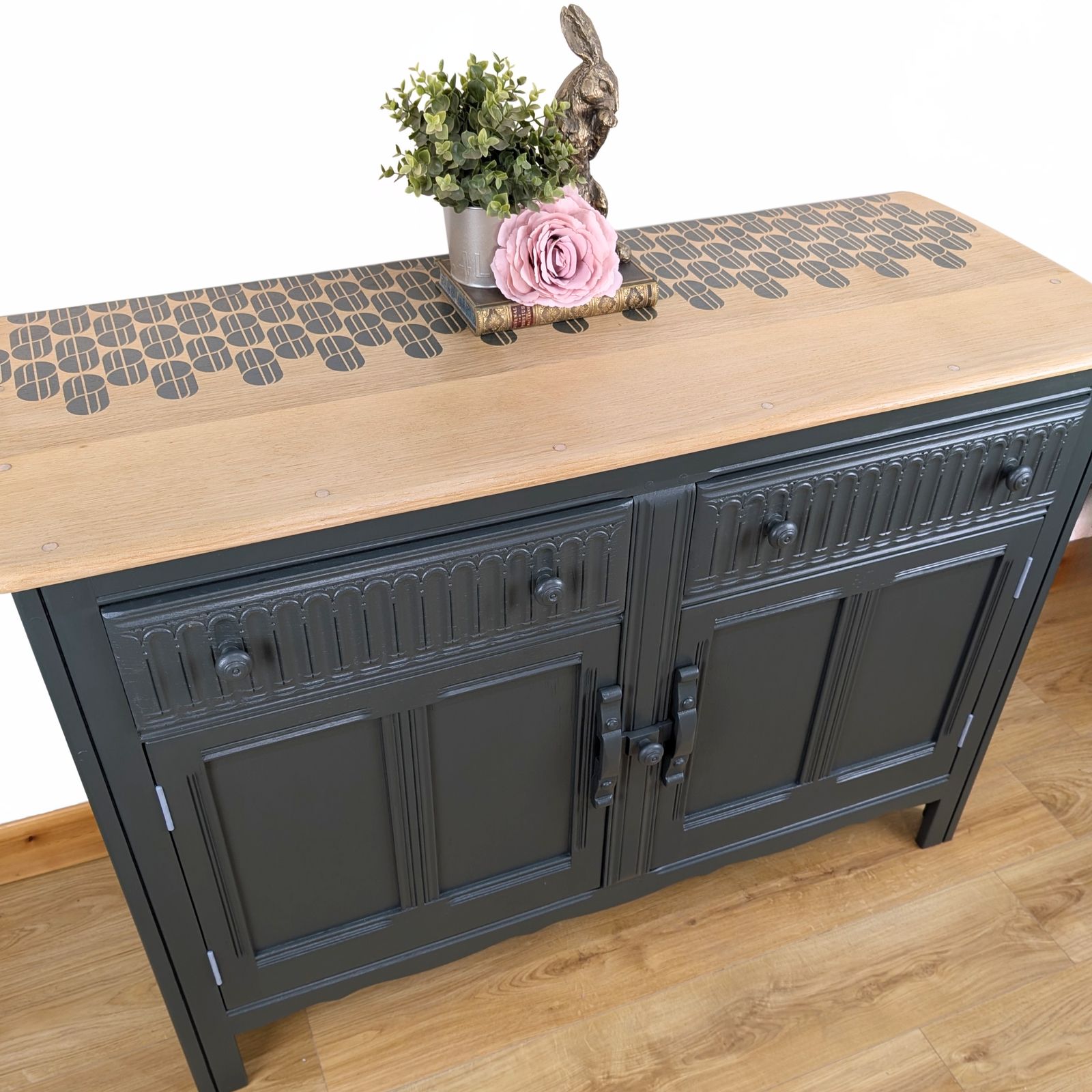 Ercol Sideboard, Old Colonial Range, Painted Neutral Dark Green, Retro Stencilled Wood Top photo buy