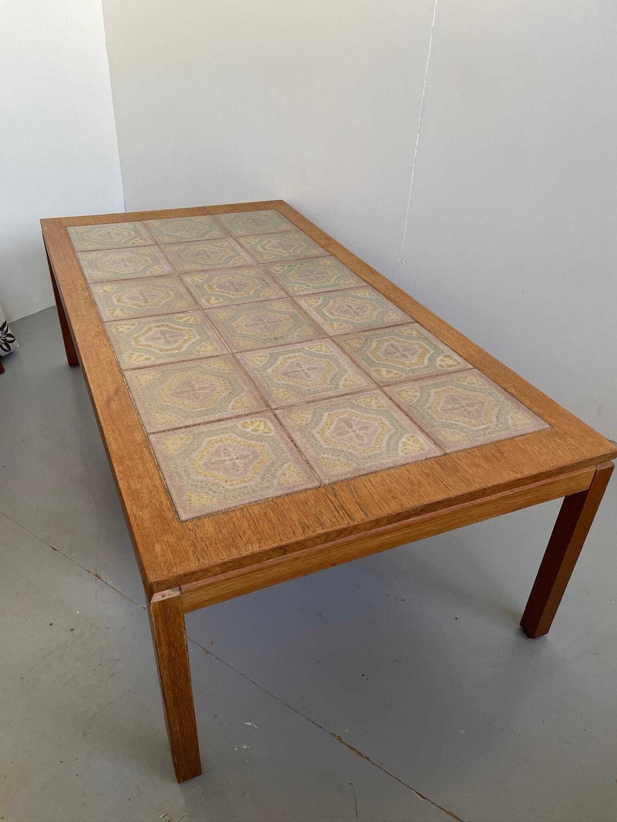 Tiled Large Danish Teak Mid Century Coffee Table Abstract Pastel Tiles photo vinterior