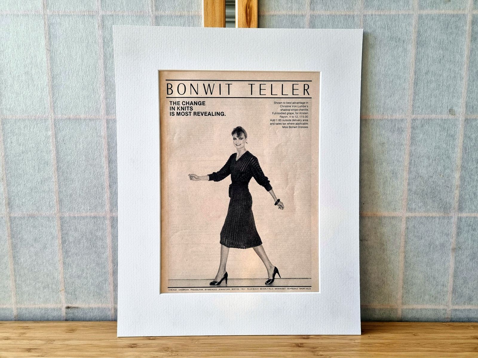 Fashion Advertising Print Art, Bonwit Teller Knit Dress Advertisement, 1970s Department Store Magazine Print Mounted photo furniture