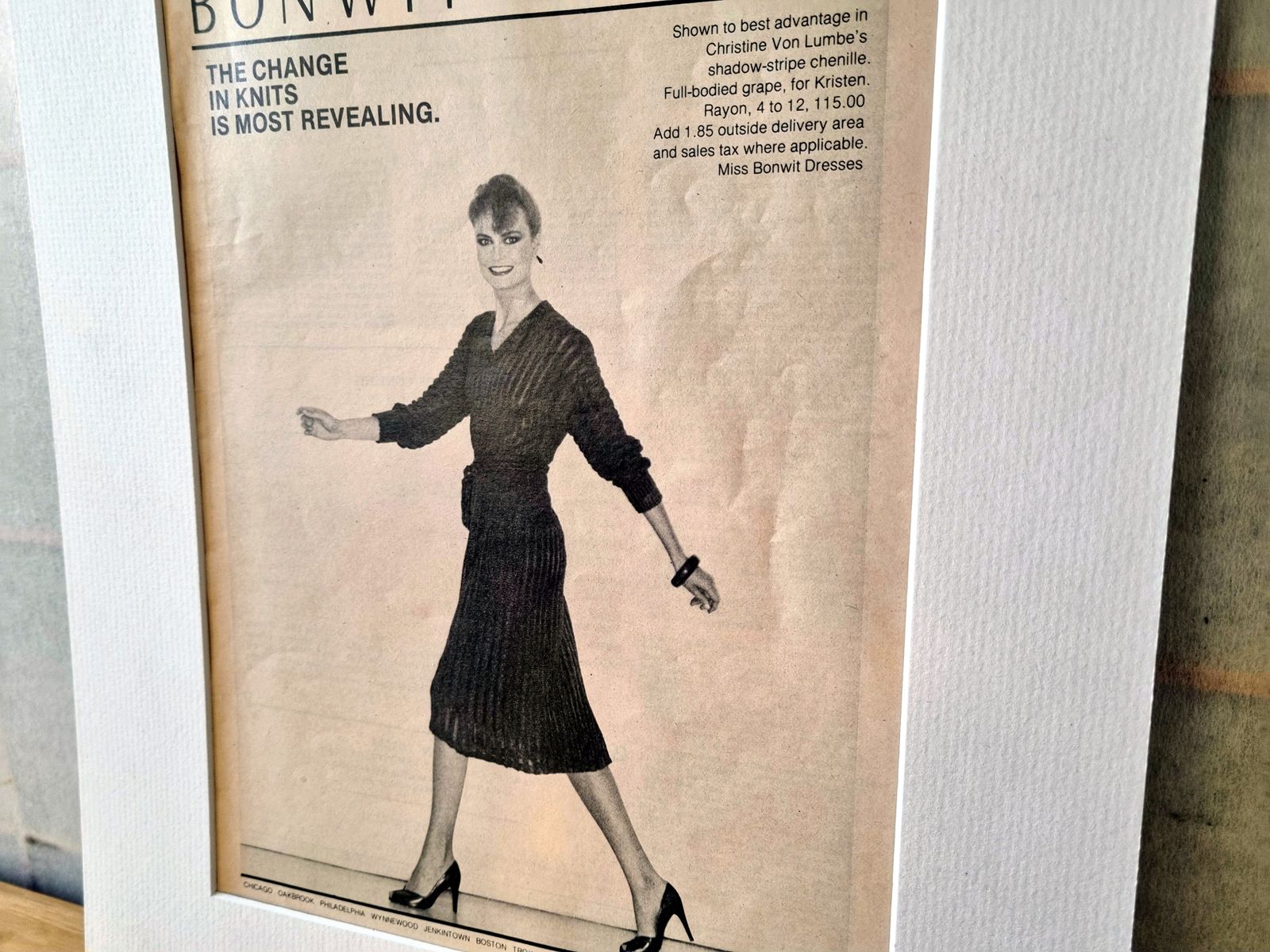 Fashion Advertising Print Art, Bonwit Teller Knit Dress Advertisement, 1970s Department Store Magazine Print Mounted photo Art