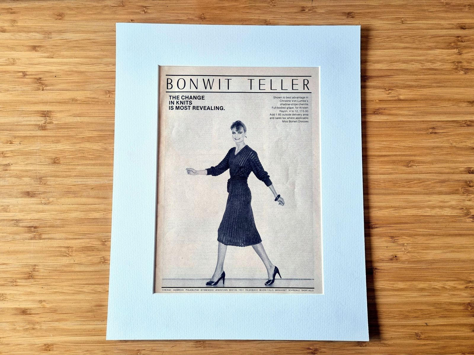 Fashion Advertising Print Art, Bonwit Teller Knit Dress Advertisement, 1970s Department Store Magazine Print Mounted photo vinterior