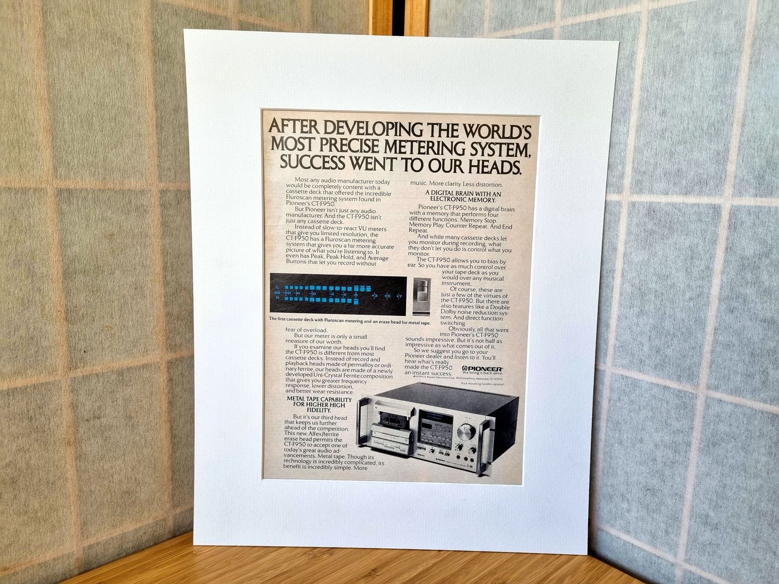 Pioneer Cassette Deck Print, Hi Fi Audio Wall Art, 1970s Stereo Magazine Advertisement Mounted
