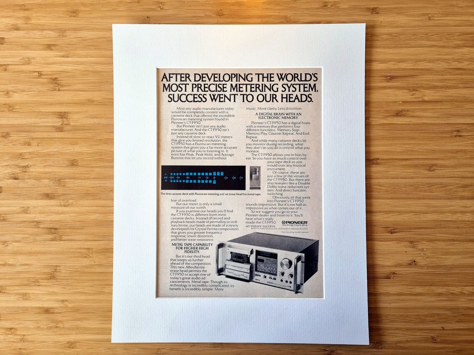 Pioneer Cassette Deck Print, Hi Fi Audio Wall Art, 1970s Stereo Magazine Advertisement Mounted photo 57.0