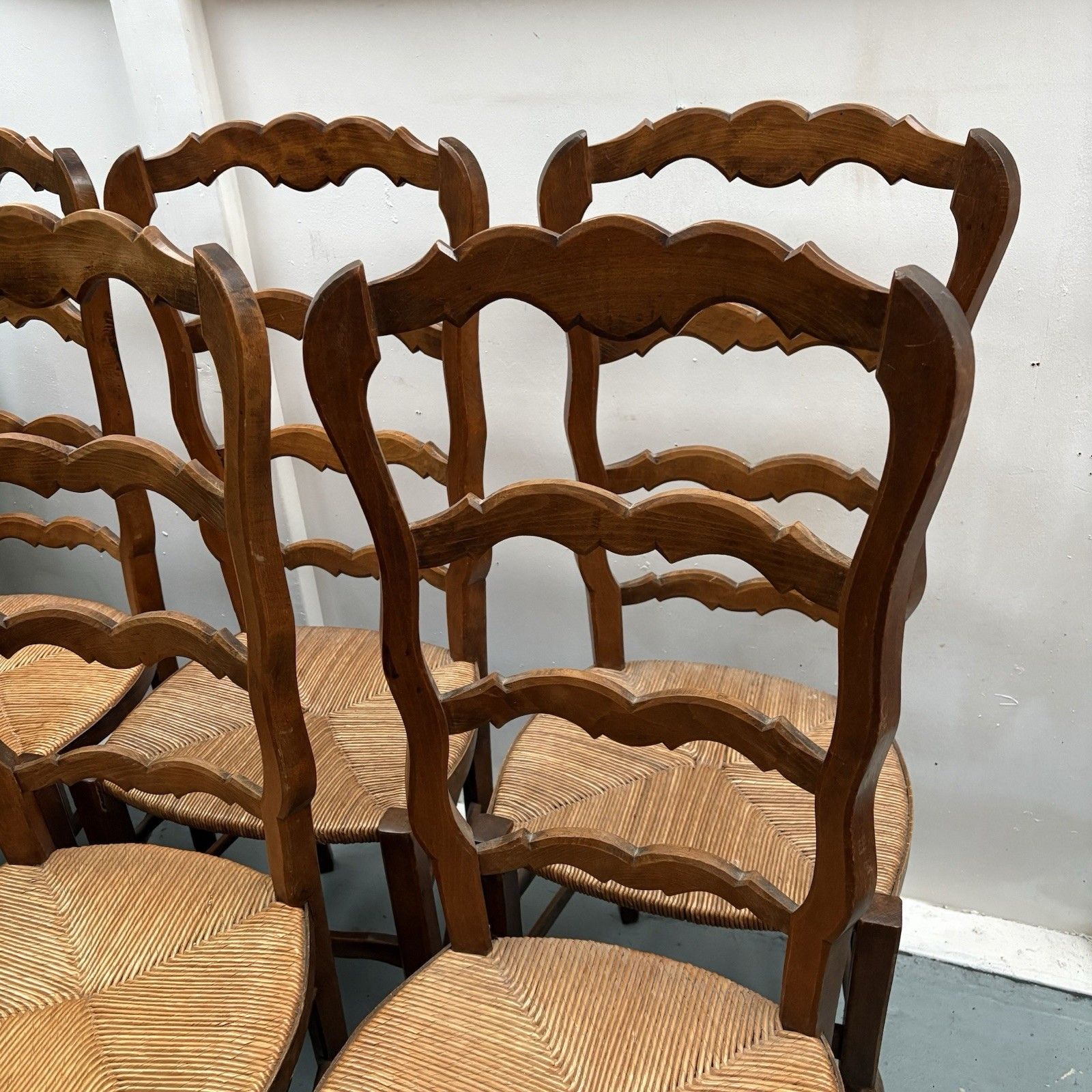 6 Vintage French Farmhouse Country Very High Ladderback Rush Seat Dining Chairs photo furniture