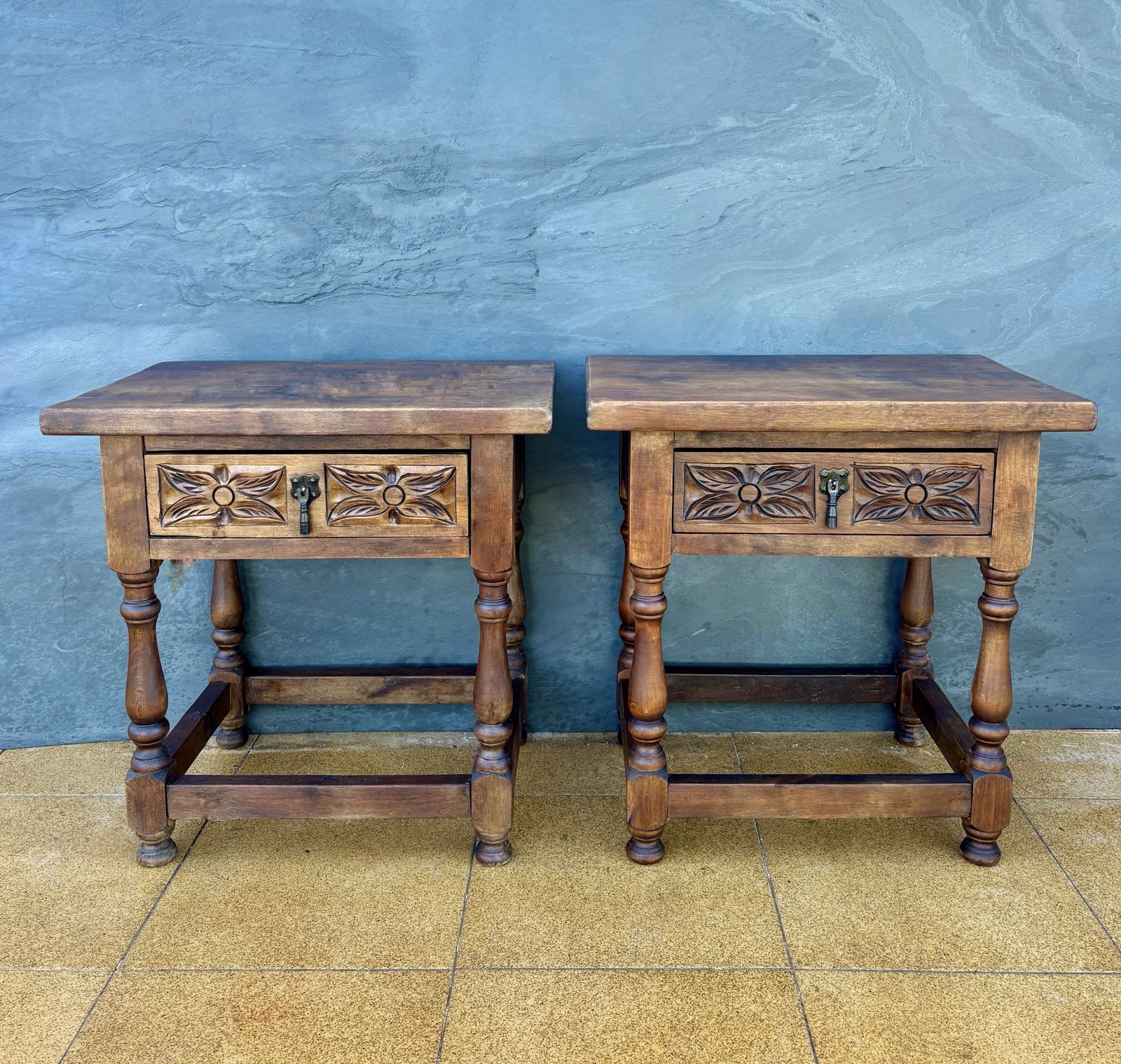 photo for sale Pair Of Spanish Rustic Oak Bedside Tables With Carved Drawers, Mid 20th Century