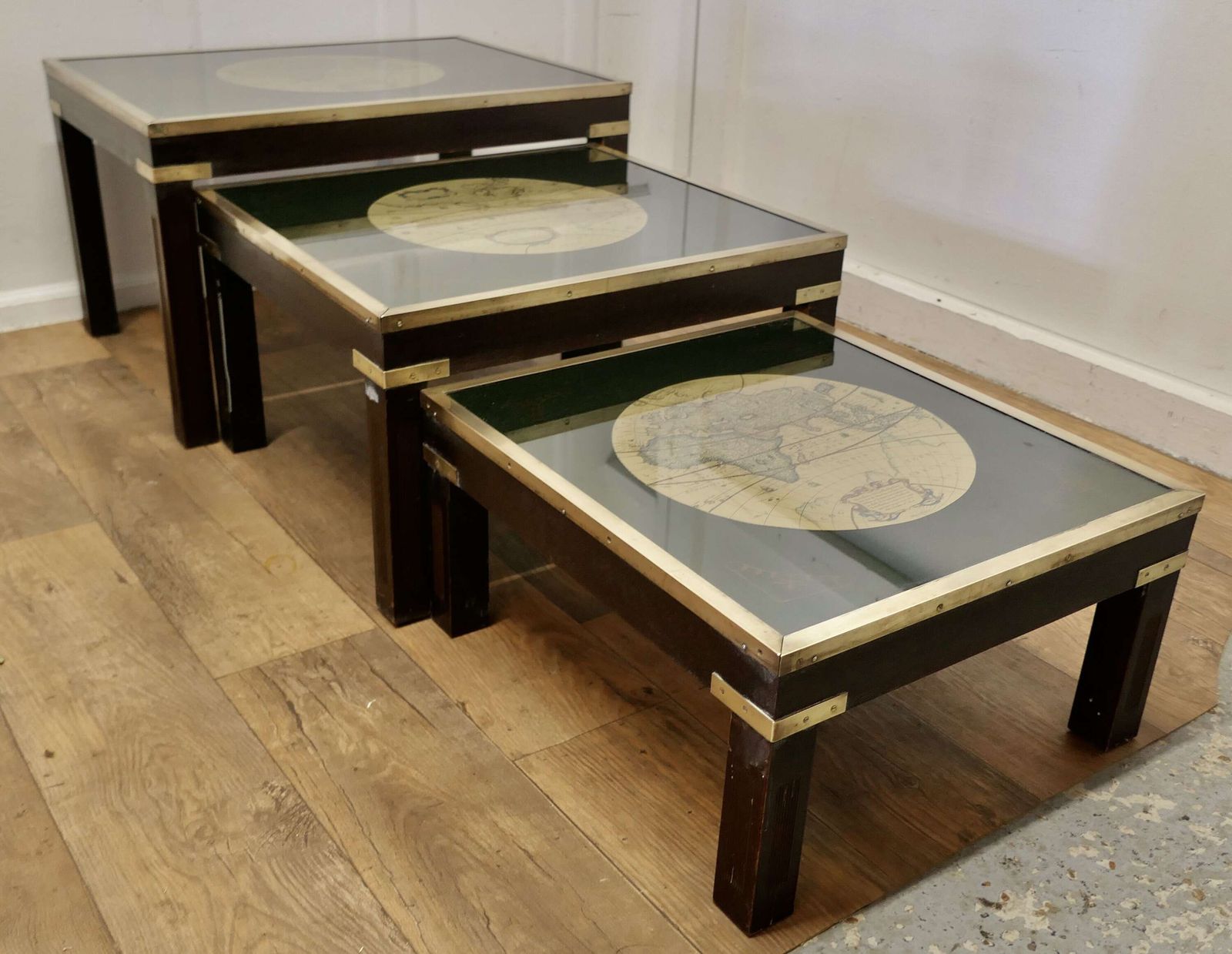 Mid Century Maison Jansen Campaign Style Large Nest Of 3 Tables photo vinterior