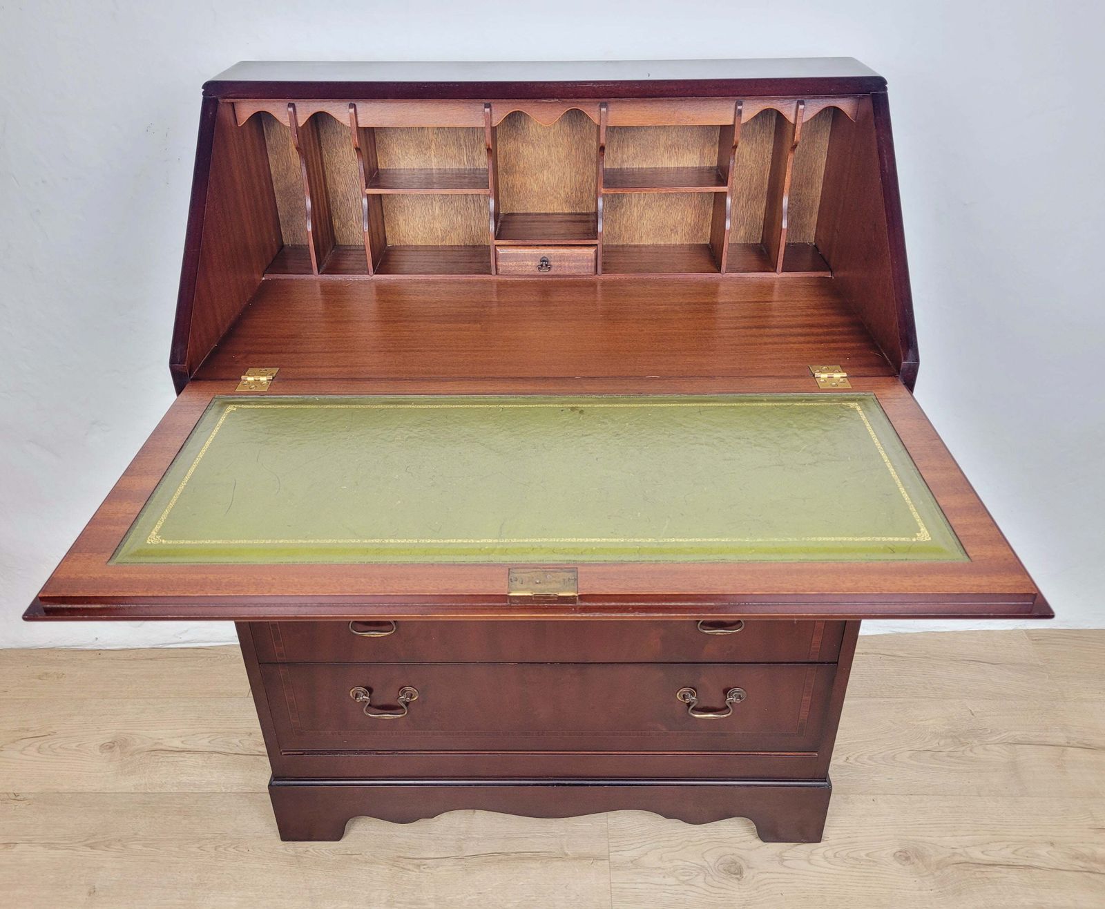 Writing Bureau Desk 20th C Green Leather Top Drop Handles photo for sale