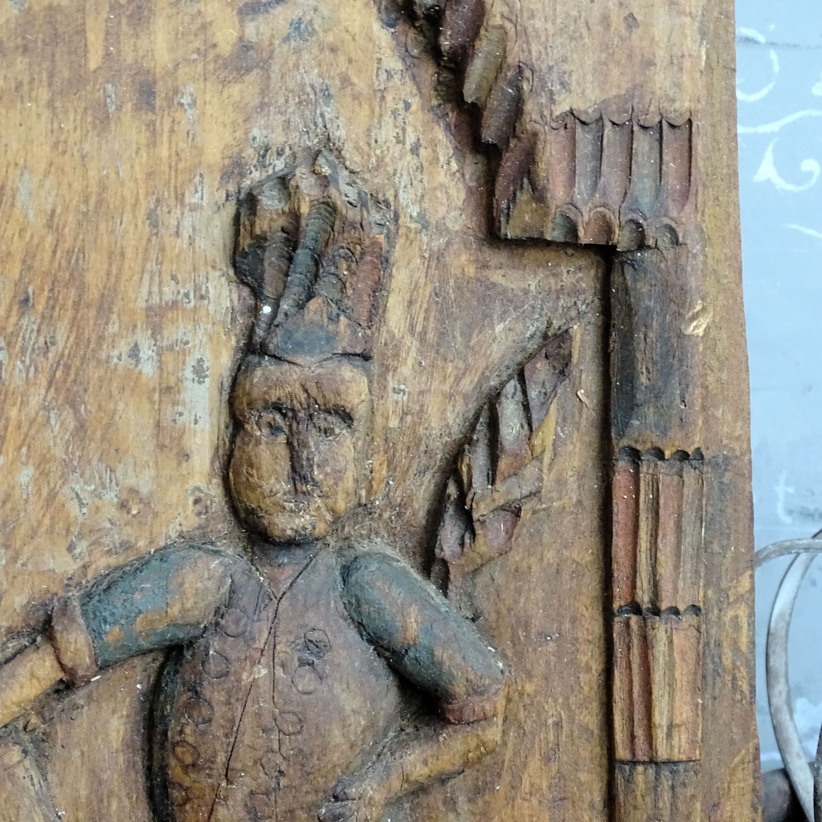 Saint Florian Hand Carved Wooden Panel, Rustic Primitive Carving Folk Art Plaque photo furniture