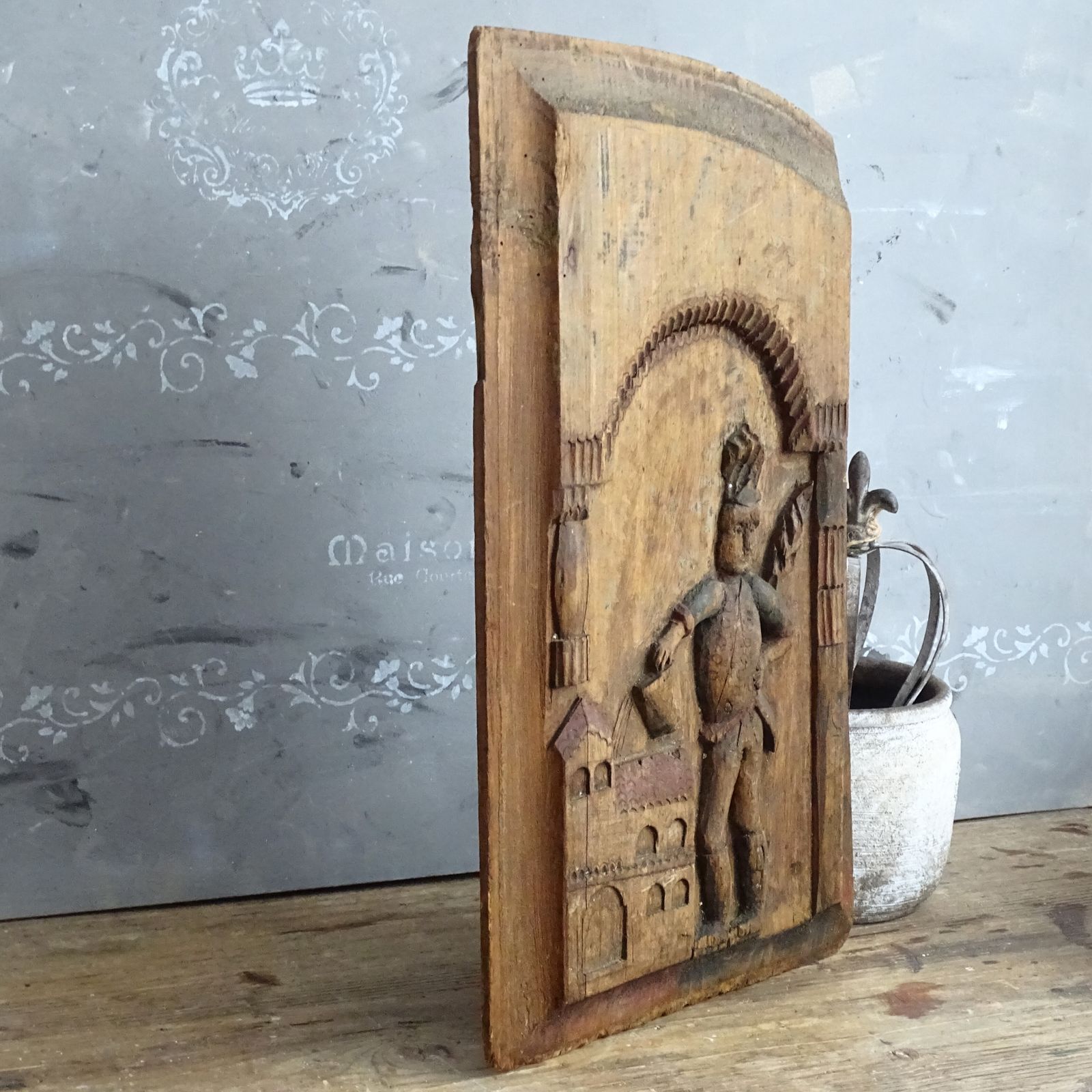 Saint Florian Hand Carved Wooden Panel, Rustic Primitive Carving Folk Art Plaque photo for sale