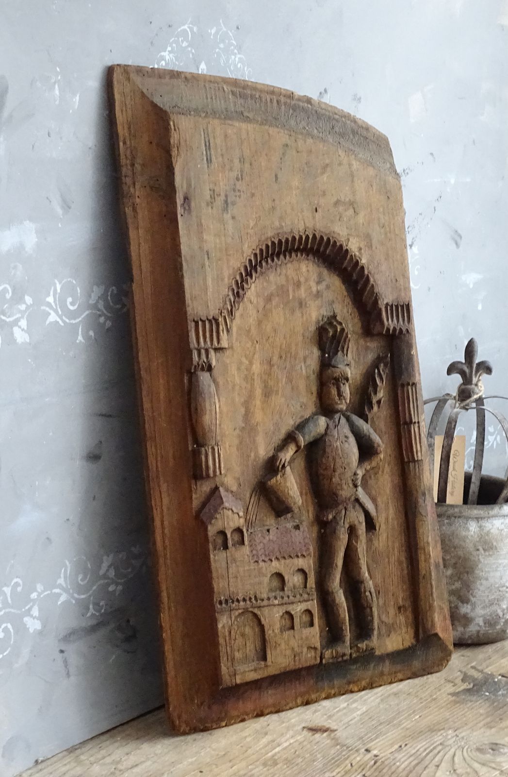250.0 Saint Florian Hand Carved Wooden Panel, Rustic Primitive Carving Folk Art Plaque photo