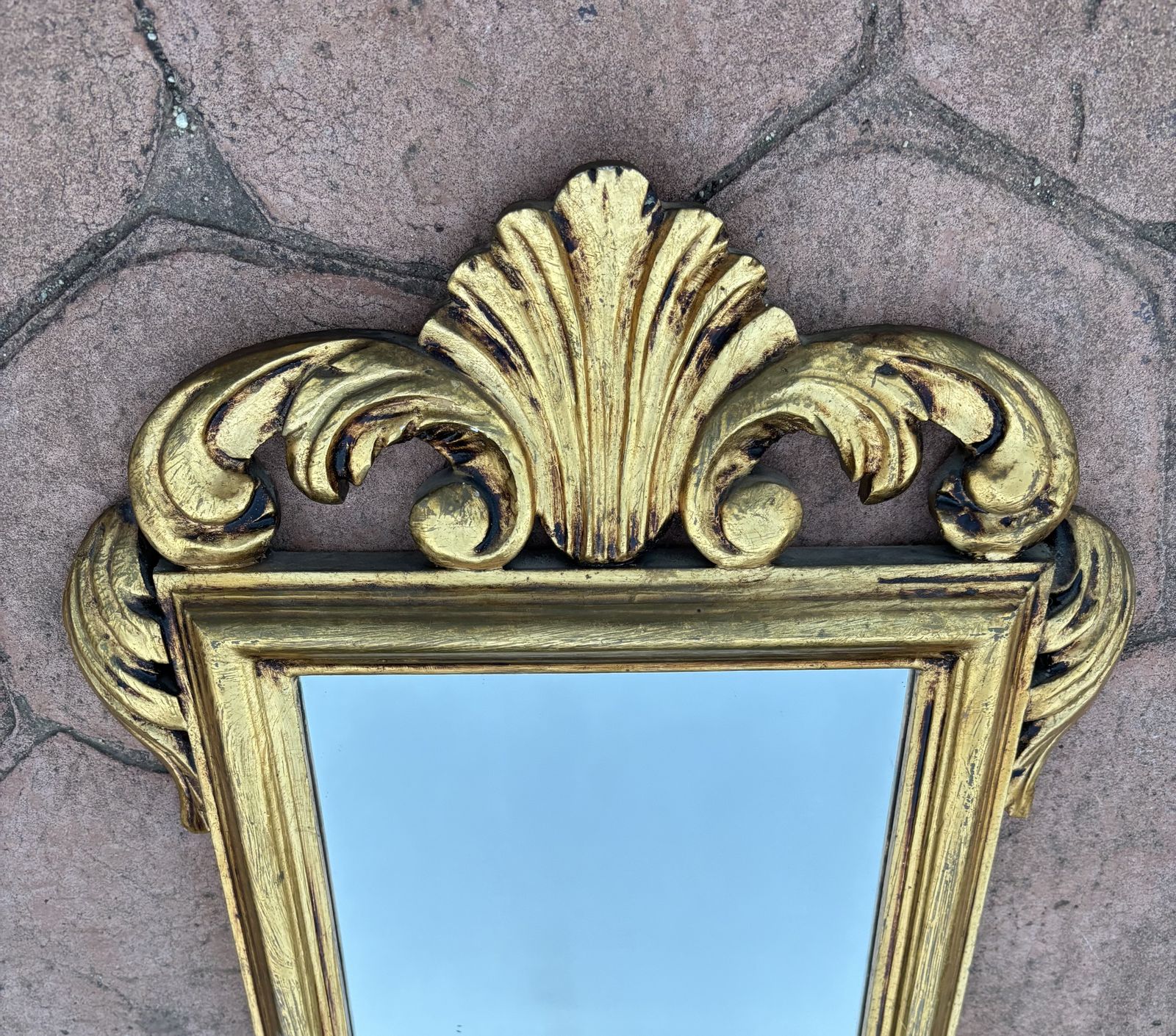 Spanish Giltwood Wall Mirror With Carved Crest, Baroque Revival, Circa 1950 1960 photo for sale