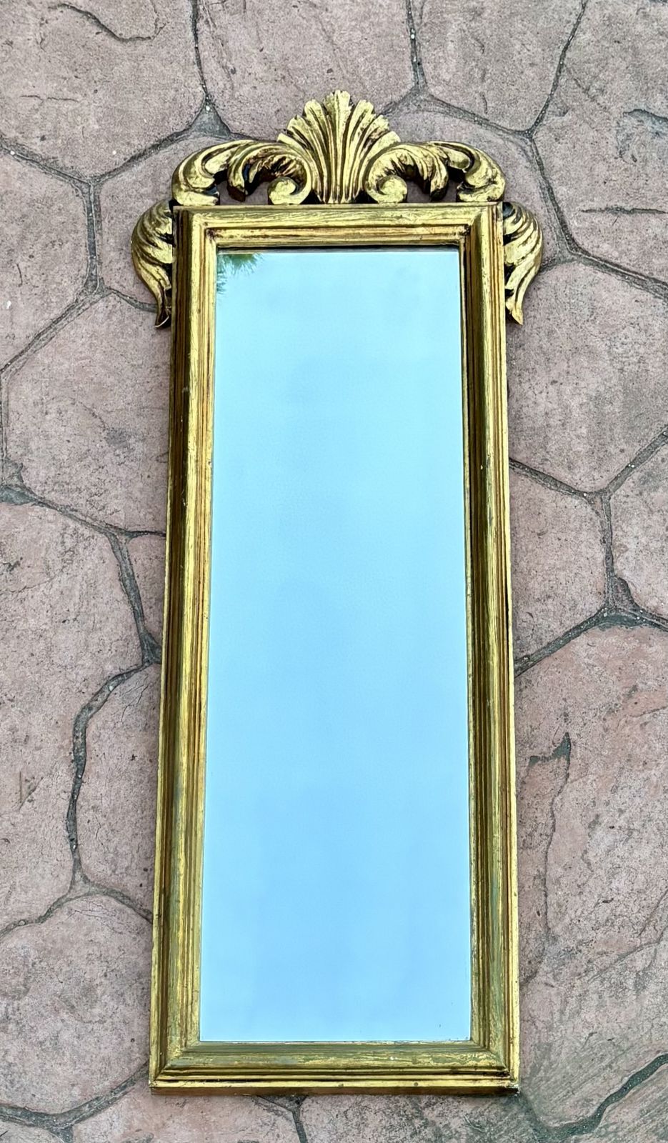 Spanish Giltwood Wall Mirror With Carved Crest, Baroque Revival, Circa 1950 1960 photo vintage