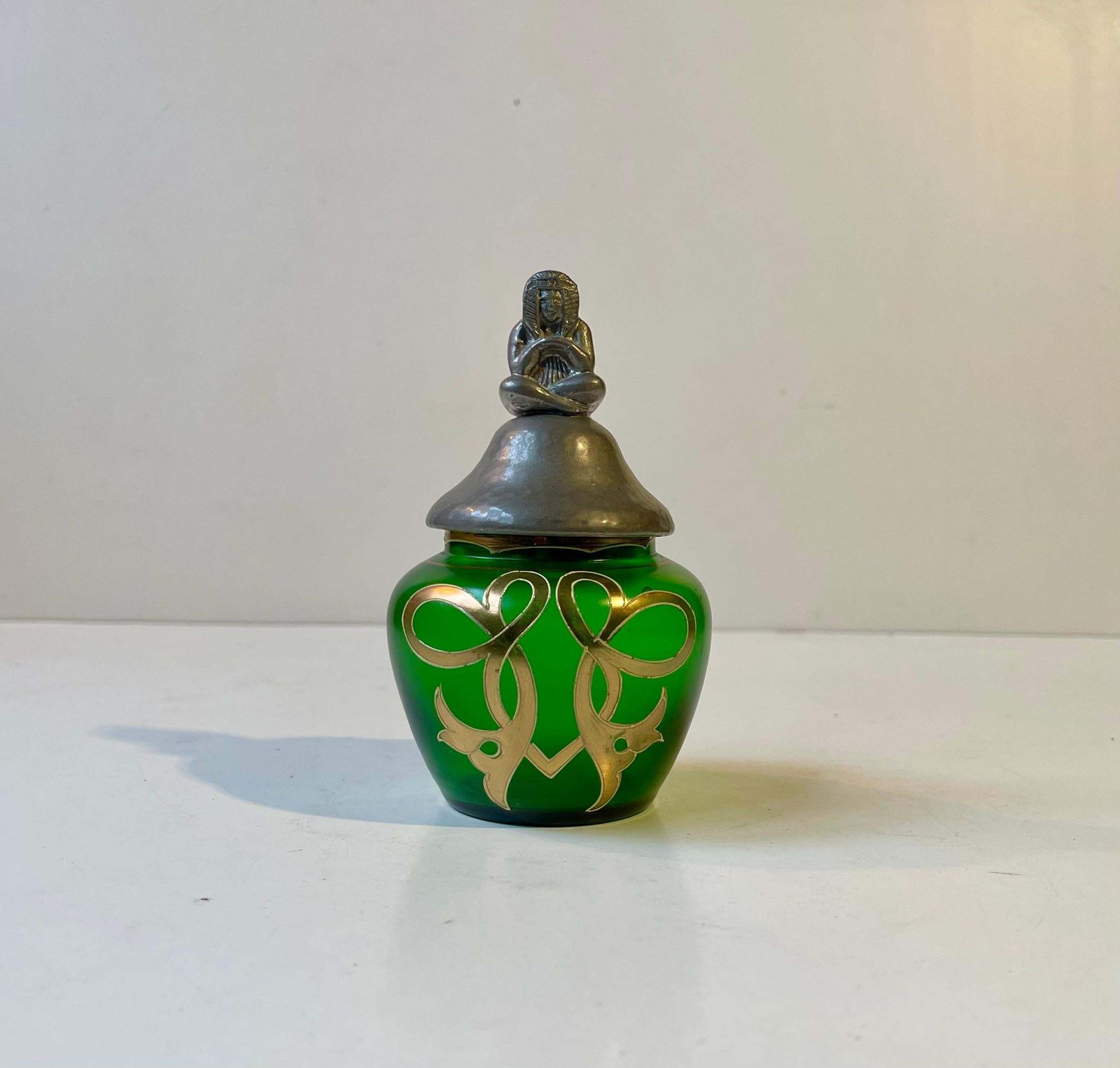 Eclectic French Jugend Vanity Trinket Jar In Green Glass & Pewter Pharaoh Lid photo 240.0