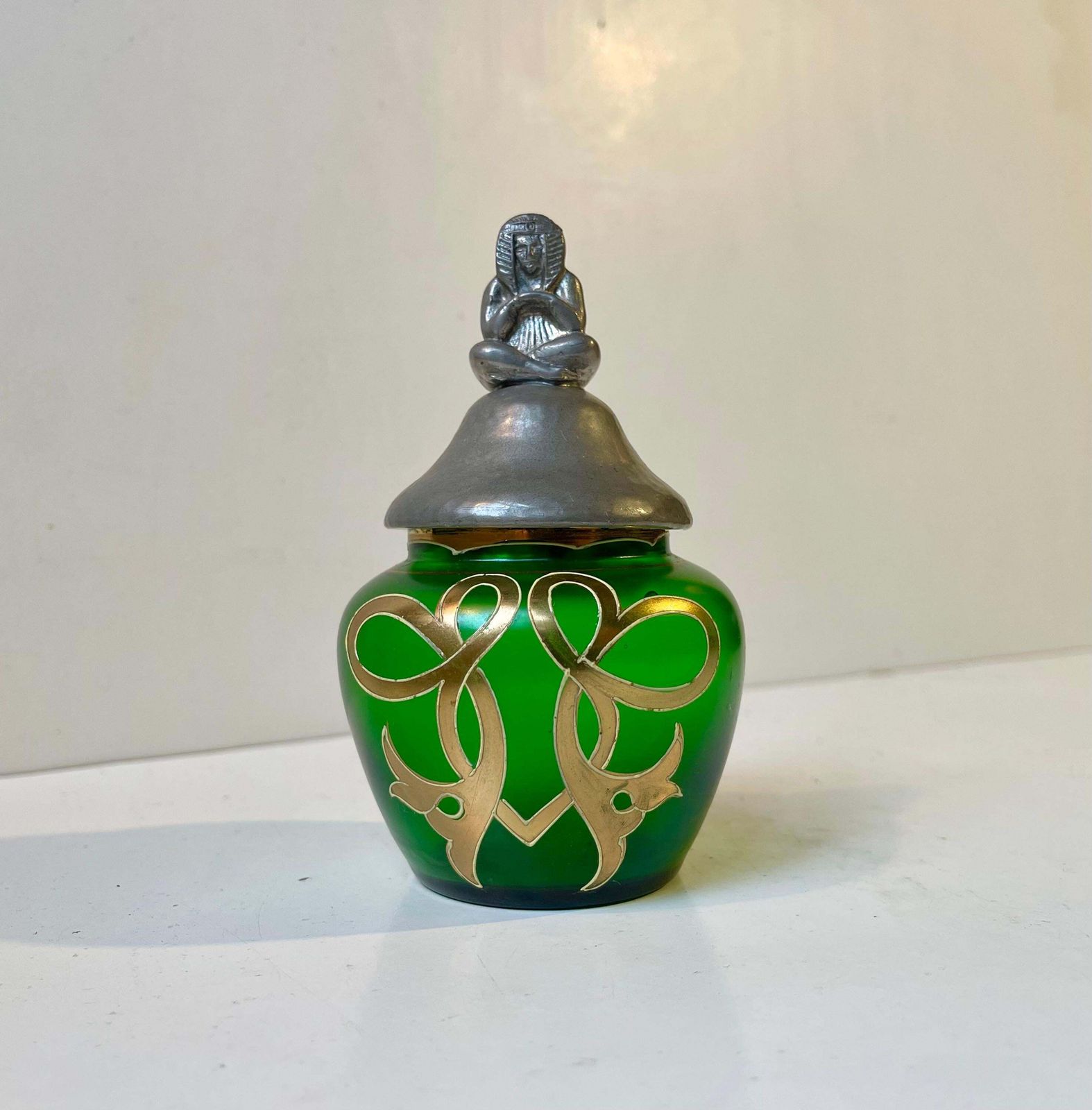 Eclectic French Jugend Vanity Trinket Jar In Green Glass & Pewter Pharaoh Lid photo buy