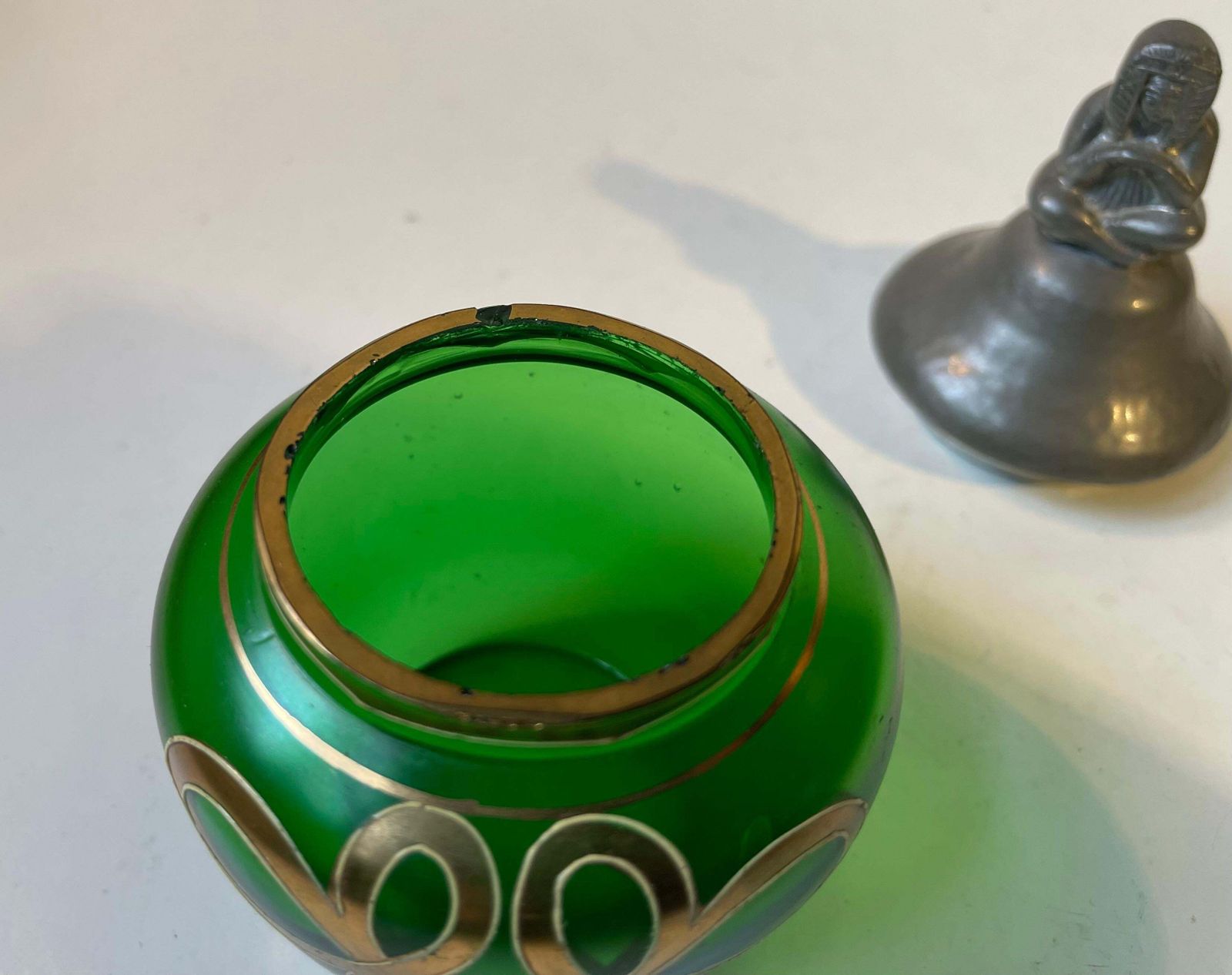 Eclectic French Jugend Vanity Trinket Jar In Green Glass & Pewter Pharaoh Lid photo vintage