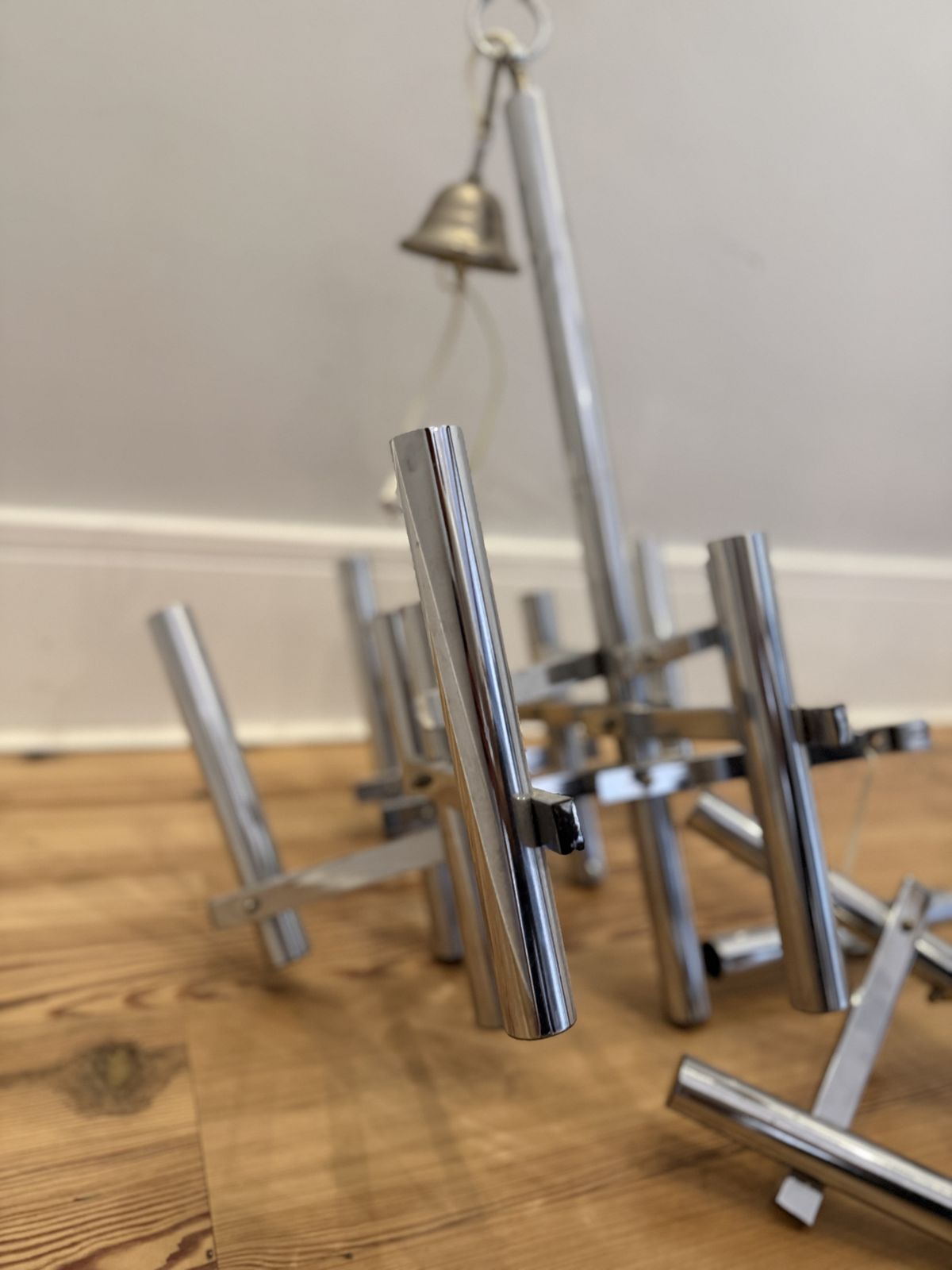 Vintage Italian Gaetano Sciolari Style Chrome Metal Chandelier (Needs Restoration) photo furniture