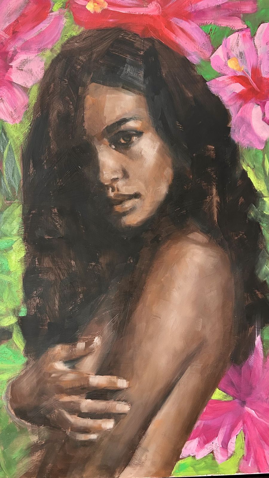 Very Large Framed Original Oil On Canvas Painting Of A Tahitian Girl By Pascale Taurua photo vintage