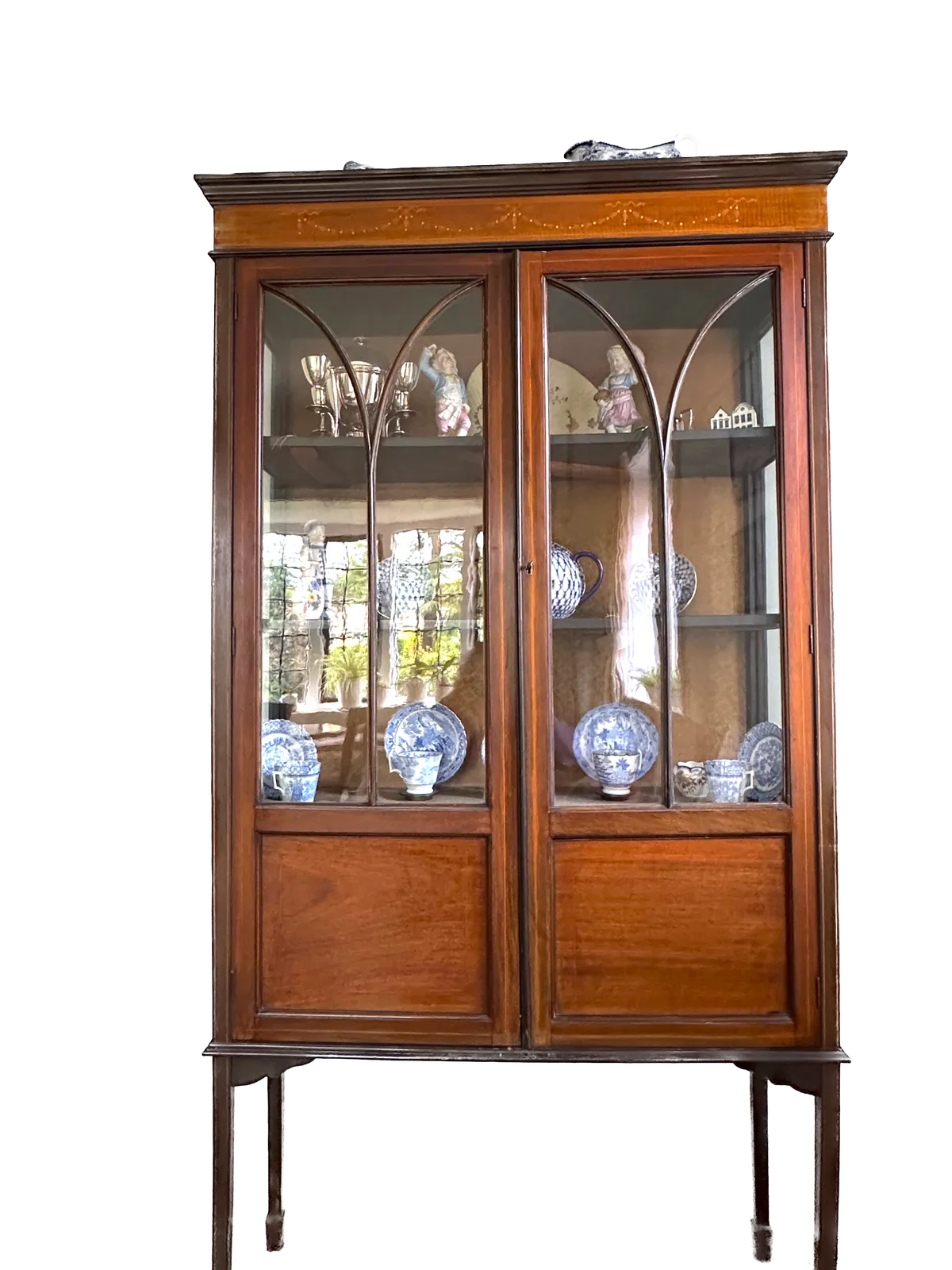Edwardian Display Cabinet In Inlaid Mahogany With Glass Doors And Side Panels, Circa 1900.