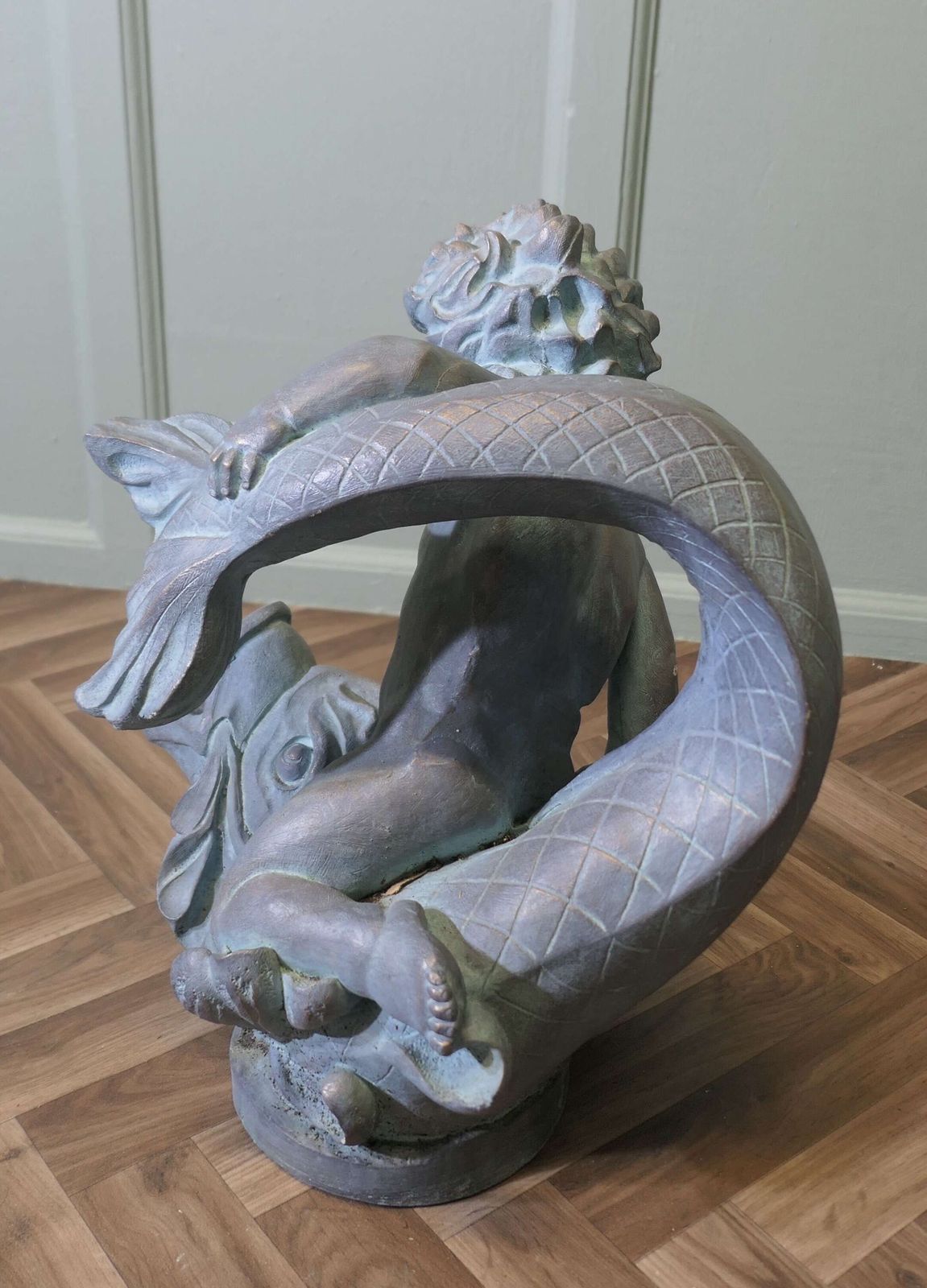 Sculpture Of A Cherub Riding A Fish, Fountain Water Feature A Superb Verdigris Patinated photo furniture