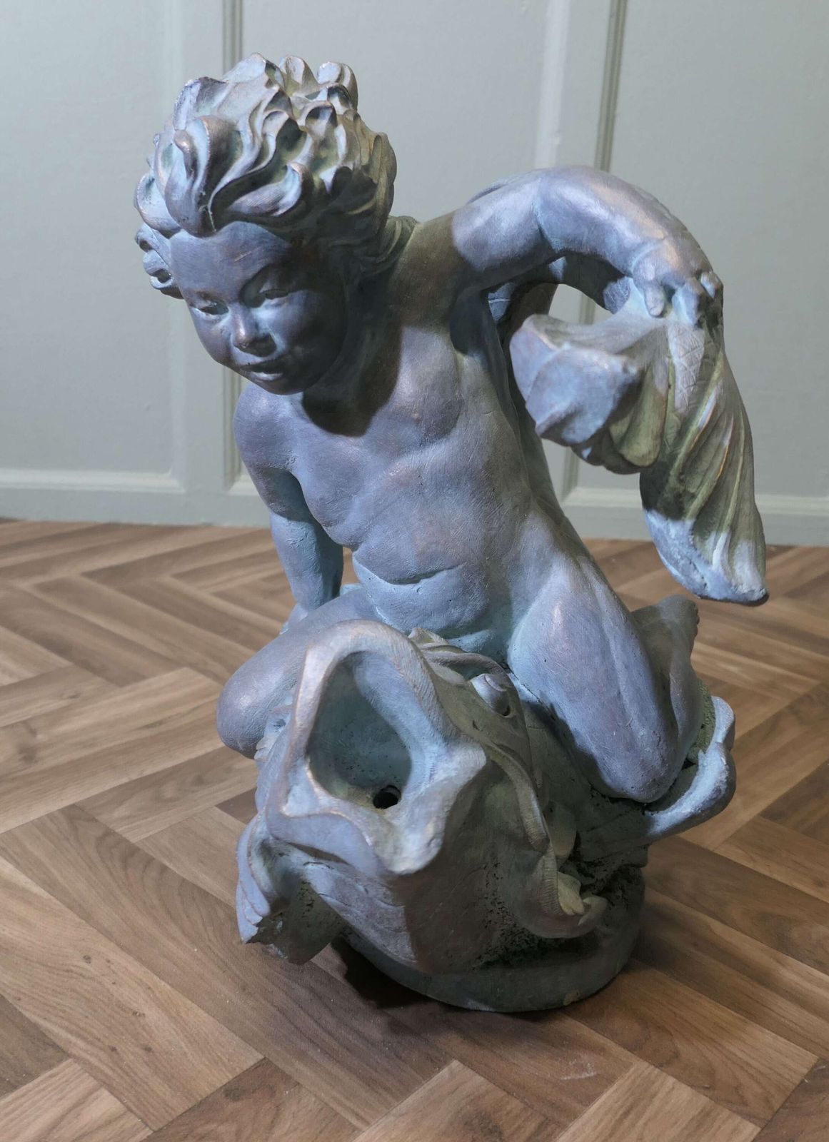 Sculpture Of A Cherub Riding A Fish, Fountain Water Feature A Superb Verdigris Patinated photo 1500.0