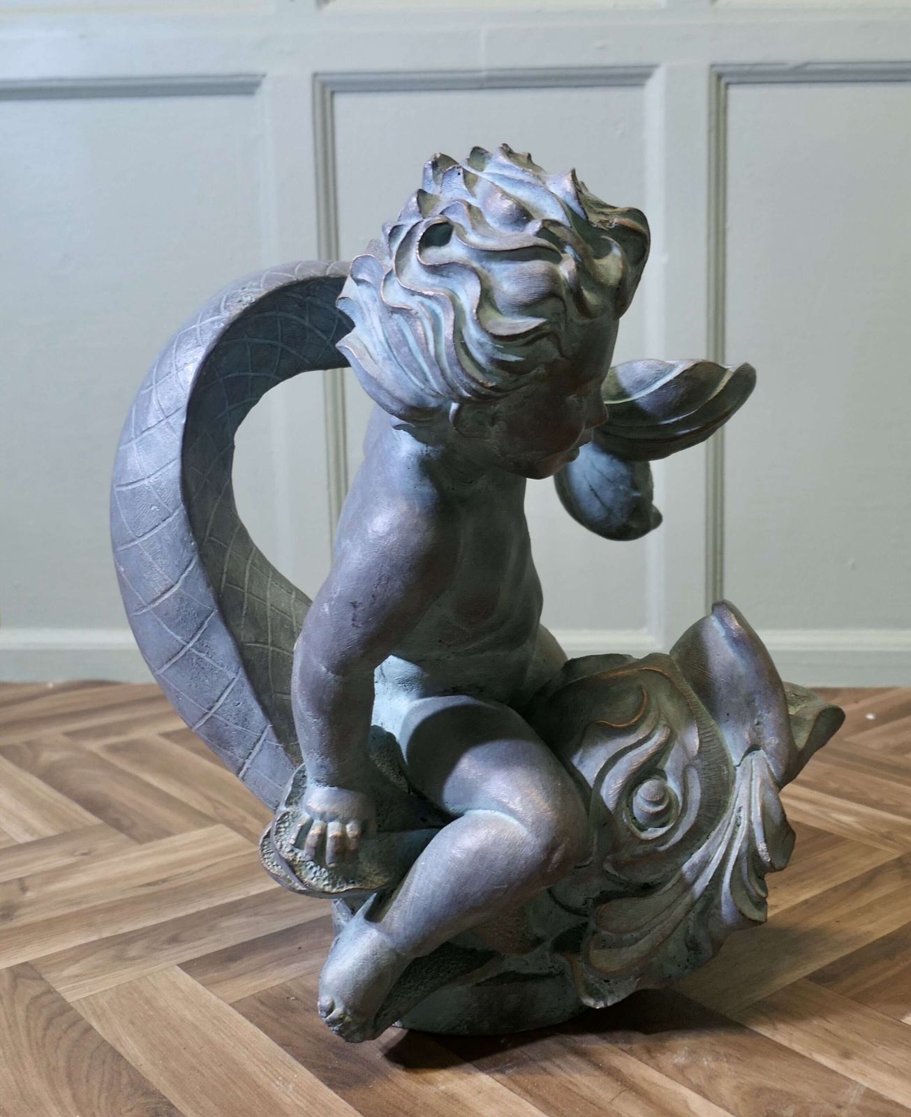Sculpture Of A Cherub Riding A Fish, Fountain Water Feature A Superb Verdigris Patinated photo vinterior
