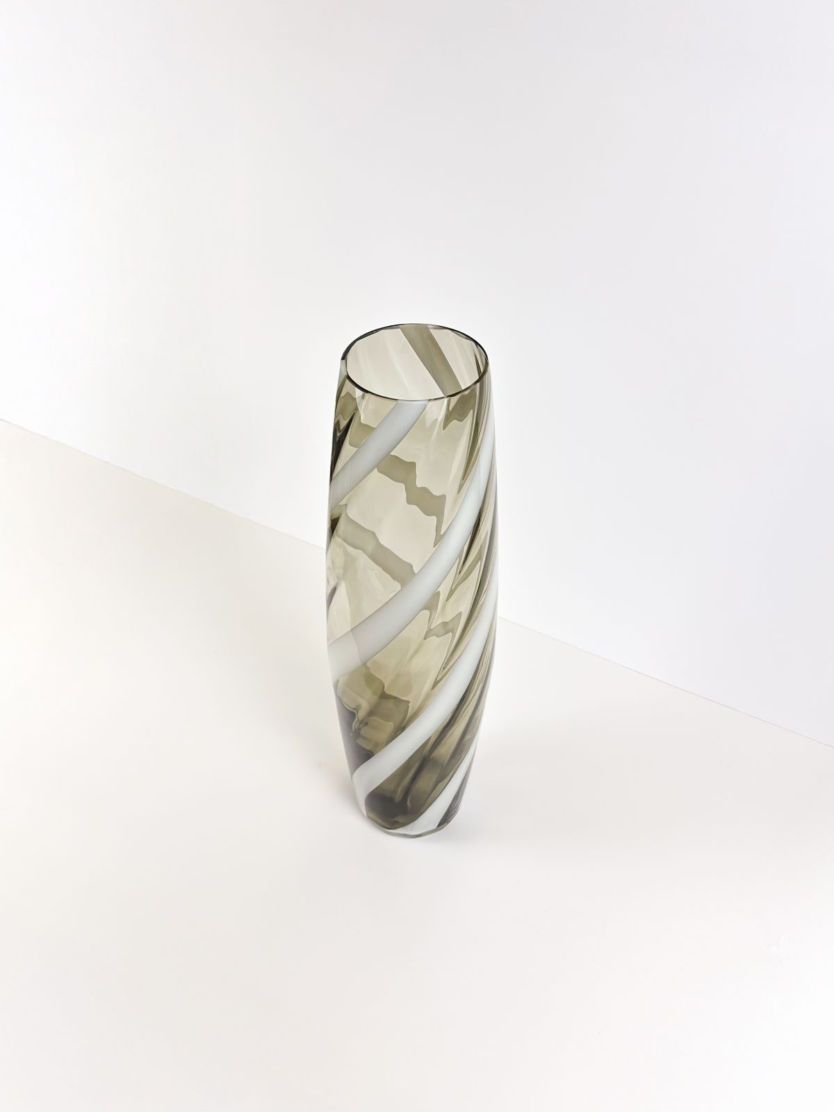 Tall Glass Floor Vase, Striped Design, Italian Mid Century 1960s photo vintage
