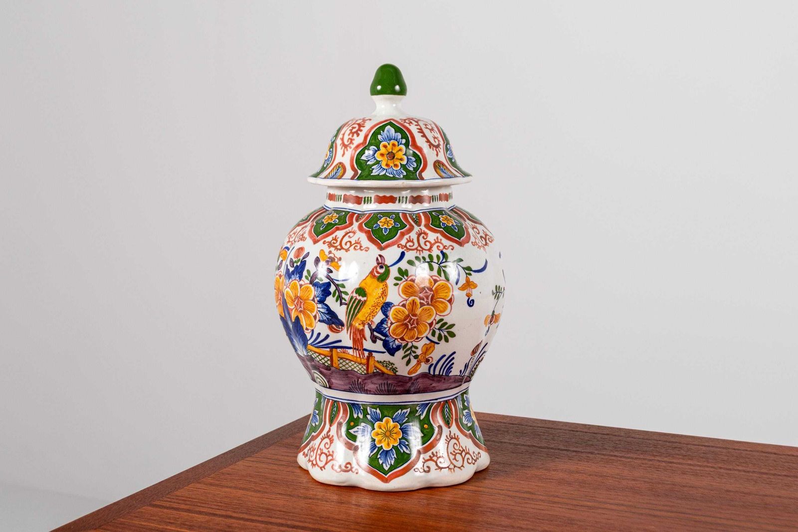 Antique Boch Frères Delft Lidded Vase – Hand Painted Faience With Parrot & Floral Motif