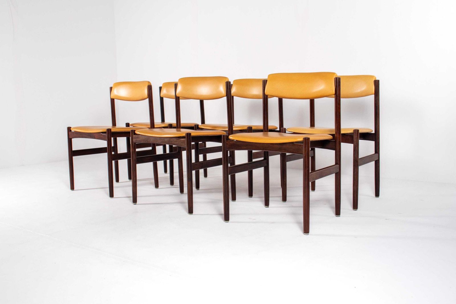 Set Of 6 Danish Mid Century Rosewood Dining Chairs With Yellow Skai, 1960s photo vinterior