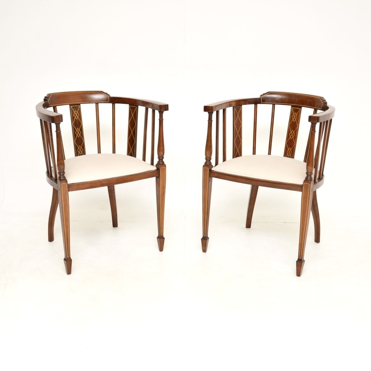 Pair Of Antique Edwardian Inlaid Walnut Armchairs