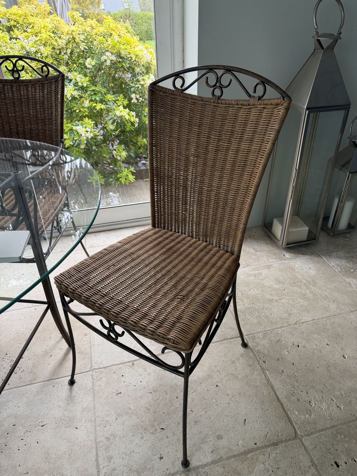 Round Glass Dining Table And 4 Brass & Wicker Chairs photo for sale