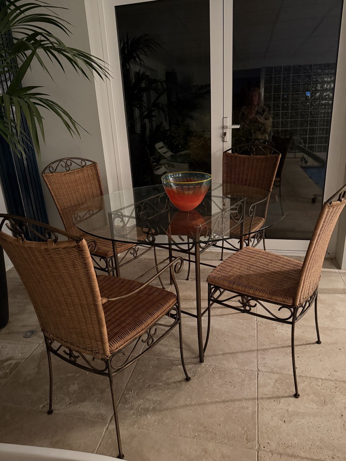 Round Glass Dining Table And 4 Brass & Wicker Chairs photo Furniture