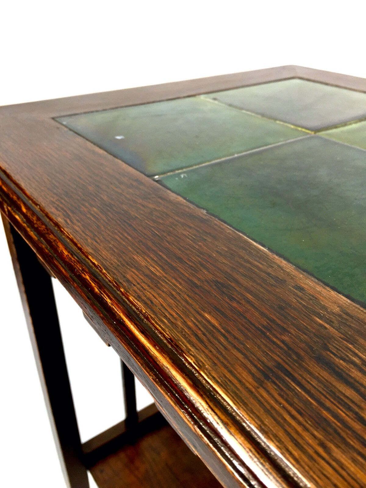 Antique Edwardian Arts And Crafts Oak Occasional / Lamp Table Green Tiles C.1910 photo vinterior