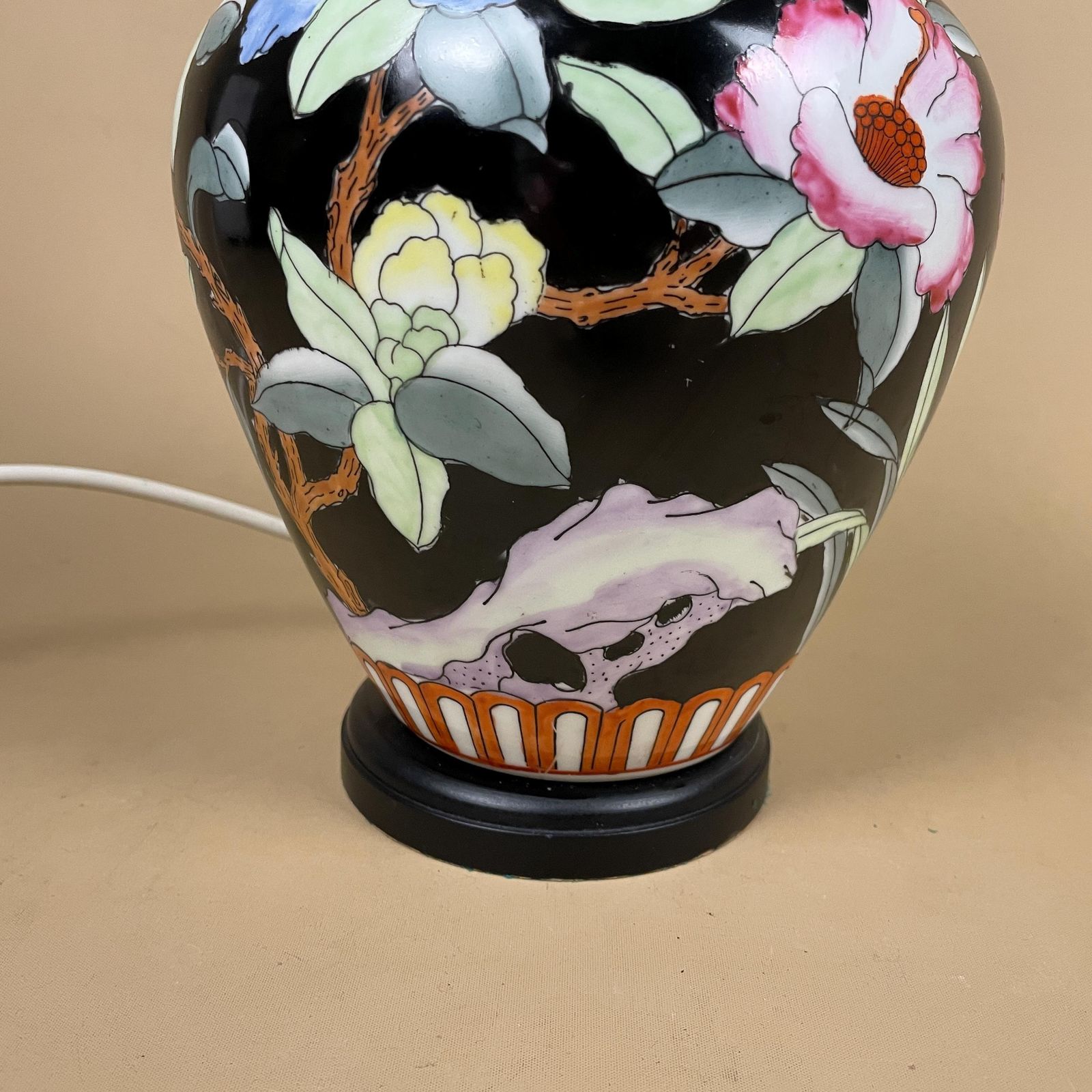 Oriental Ceramic Baluster Vase Lamp Hand Painted Black Floral Porcelain Table Lamp Chinoiserie Ornate Pattern Wood Base Ginger Jar Gold photo for sale