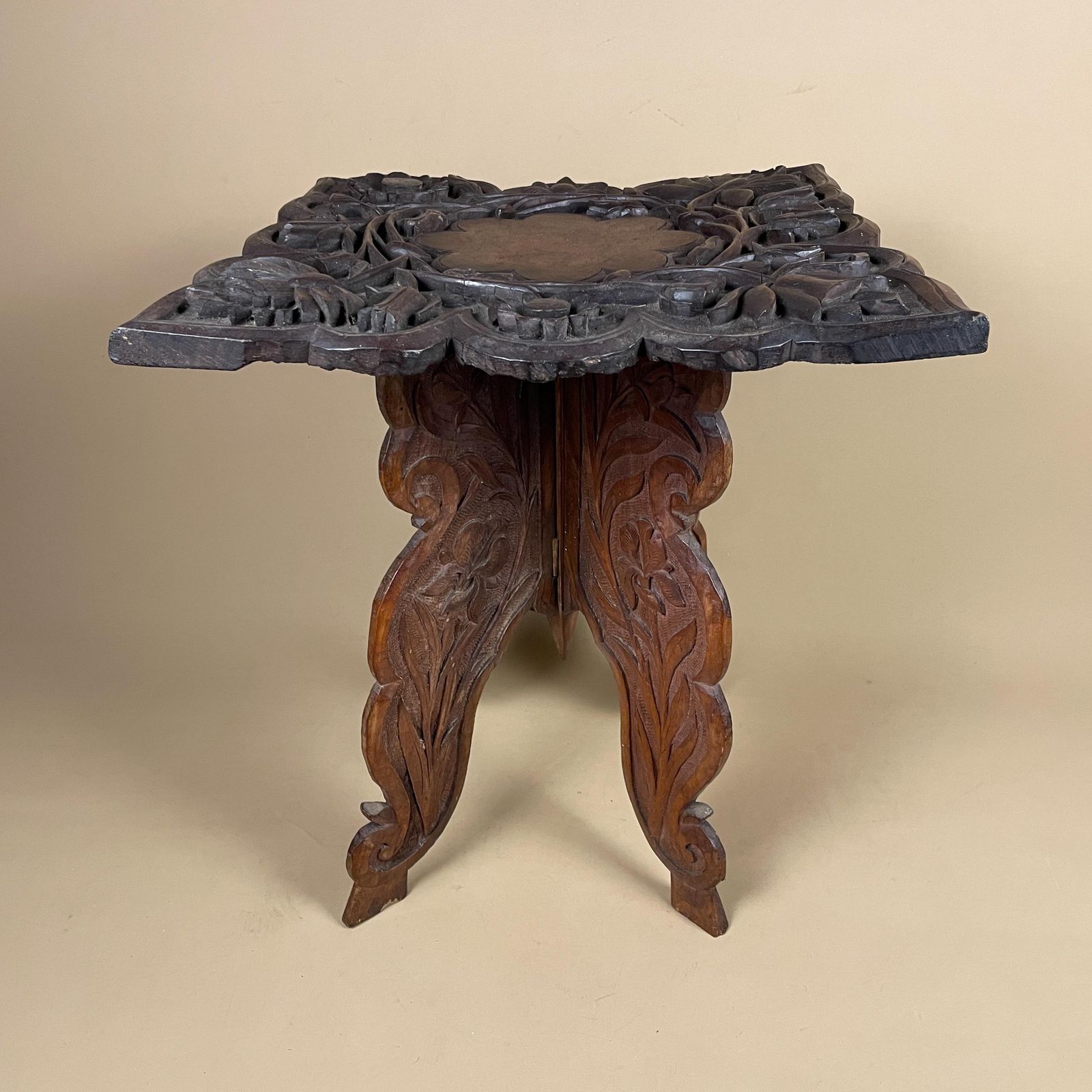 Anglo Indian Wooden Table Fold Down Campaign Decorative Intricate Patterned Hand Crafted Square C.1900 Antique Asian Plant Stand Carved Wood photo buy