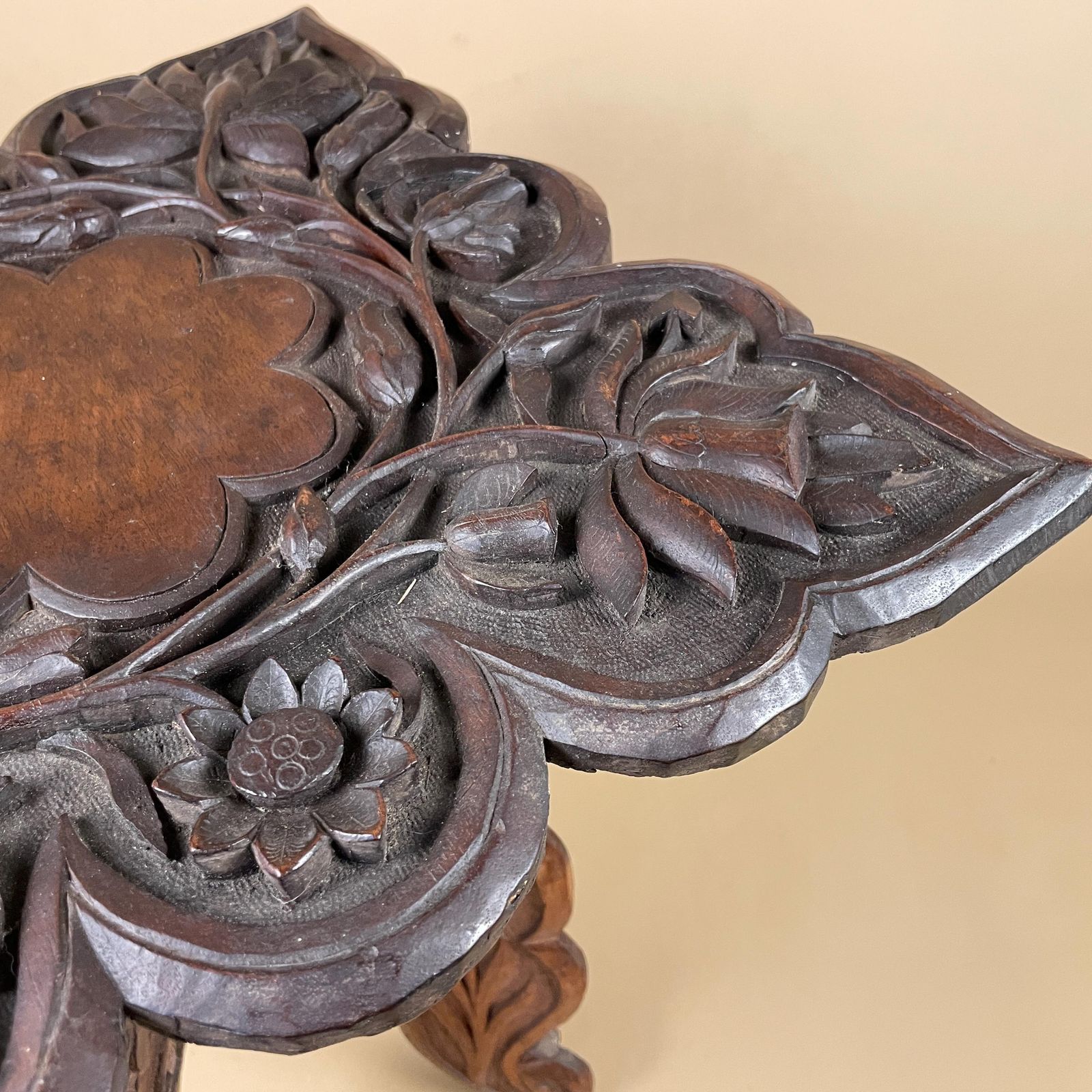 Furniture Anglo Indian Wooden Table Fold Down Campaign Decorative Intricate Patterned Hand Crafted Square C.1900 Antique Asian Plant Stand Carved Wood photo