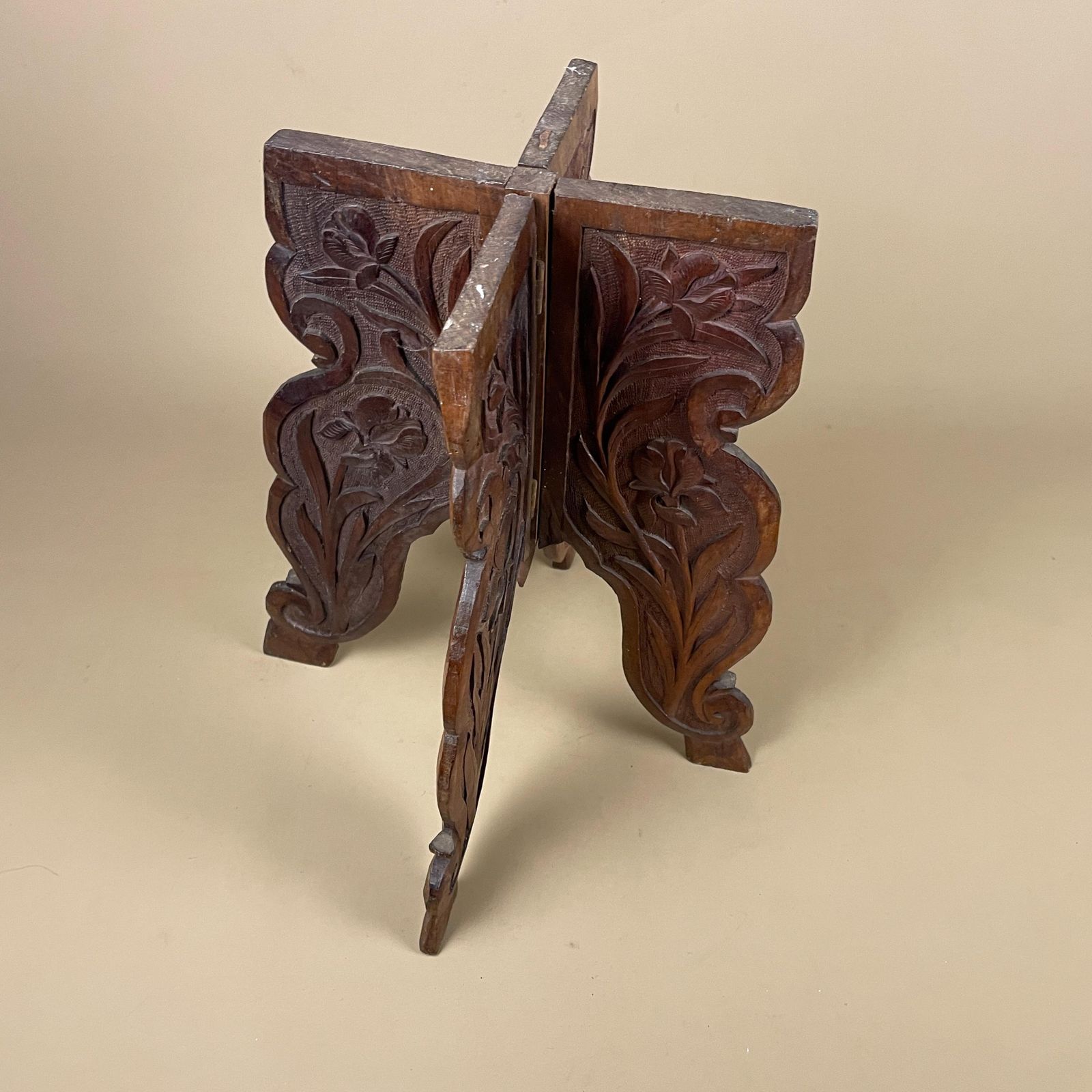 245.0 Anglo Indian Wooden Table Fold Down Campaign Decorative Intricate Patterned Hand Crafted Square C.1900 Antique Asian Plant Stand Carved Wood photo