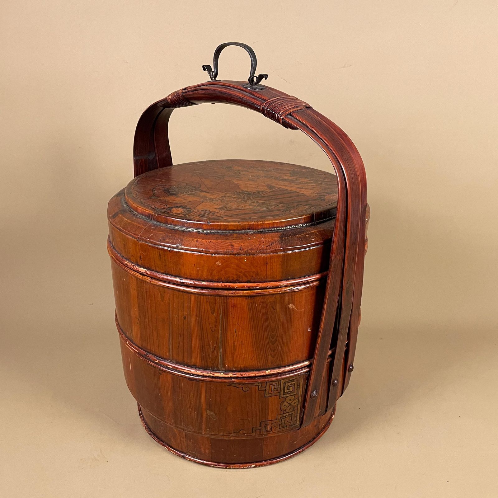 Antique Chinese Wedding Basket Ceremonial Marriage Gift Giving 3 Tier Stacking Hand Painted Asian Wooden With Handle photo furniture