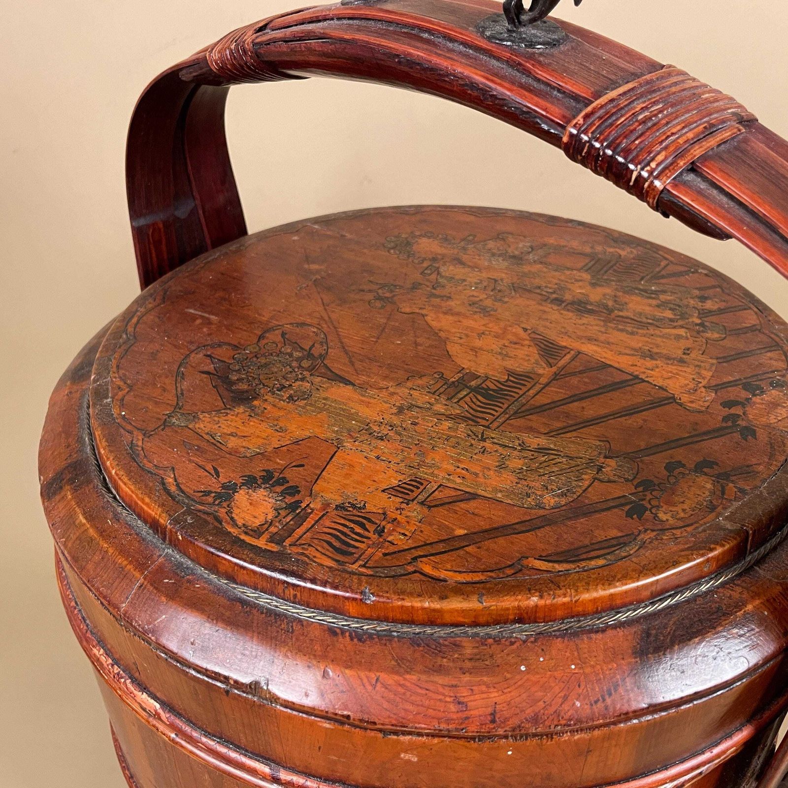 Antique Chinese Wedding Basket Ceremonial Marriage Gift Giving 3 Tier Stacking Hand Painted Asian Wooden With Handle photo Home Decor