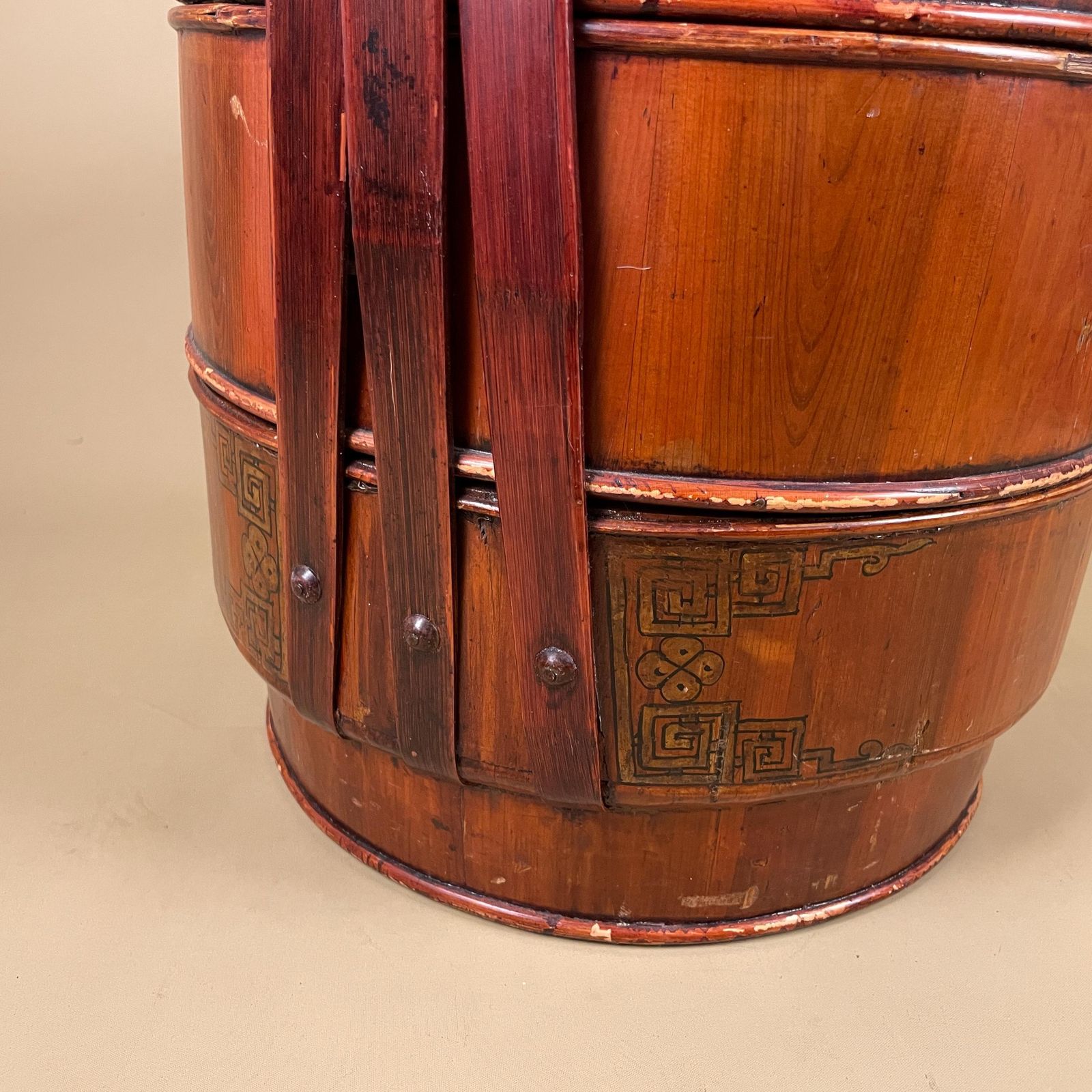 Antique Chinese Wedding Basket Ceremonial Marriage Gift Giving 3 Tier Stacking Hand Painted Asian Wooden With Handle photo vintage