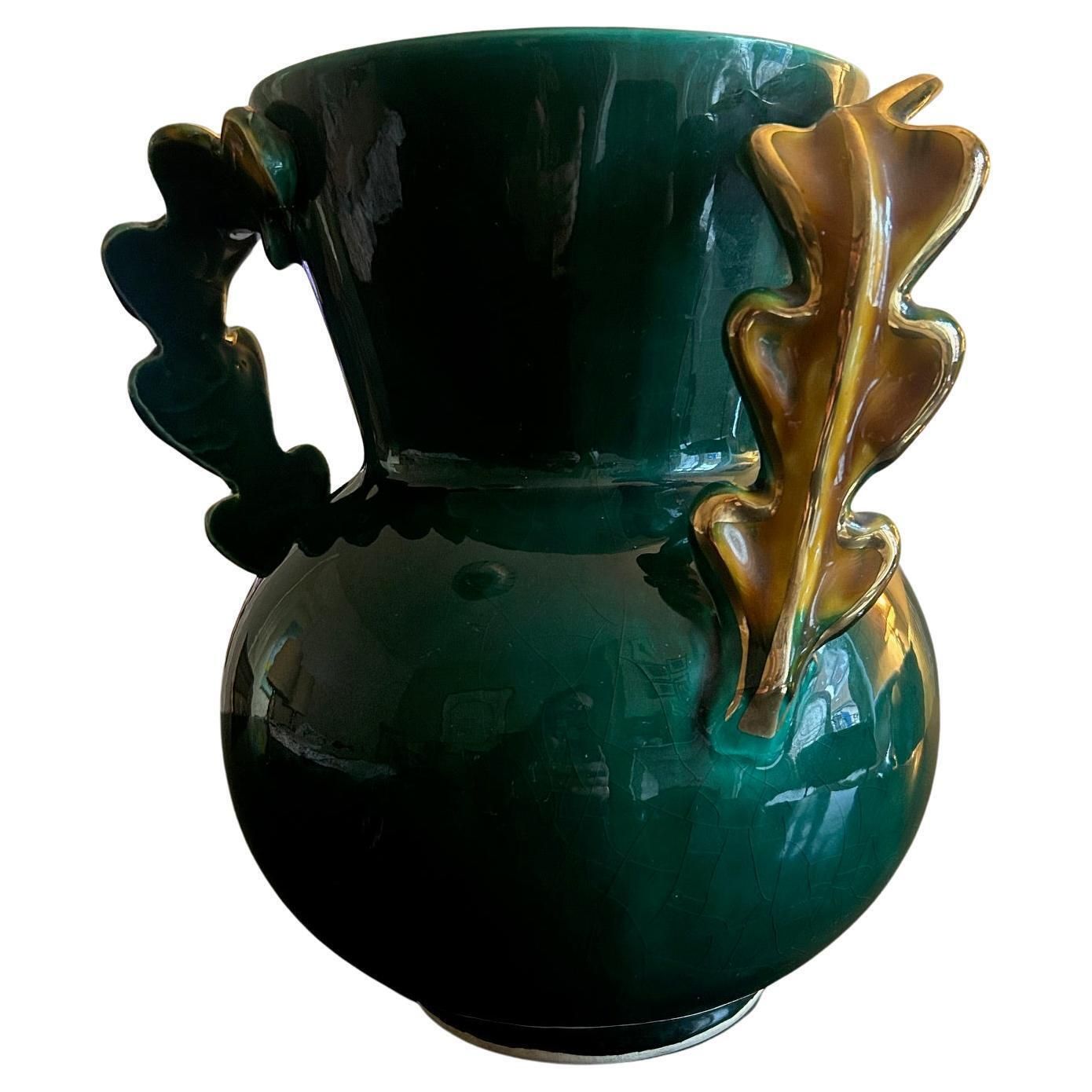 Mid Century French Ceramic Vase, Greene & Greene, Gilt Handles, Circa 1950