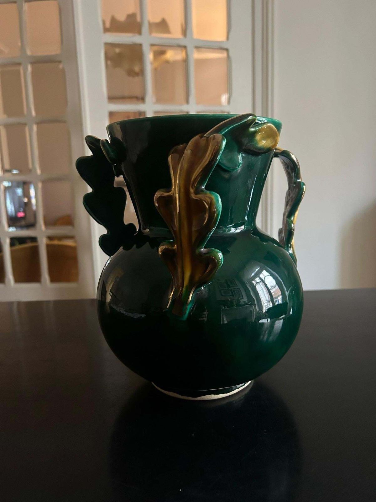 Mid Century French Ceramic Vase, Greene & Greene, Gilt Handles, Circa 1950 photo for sale