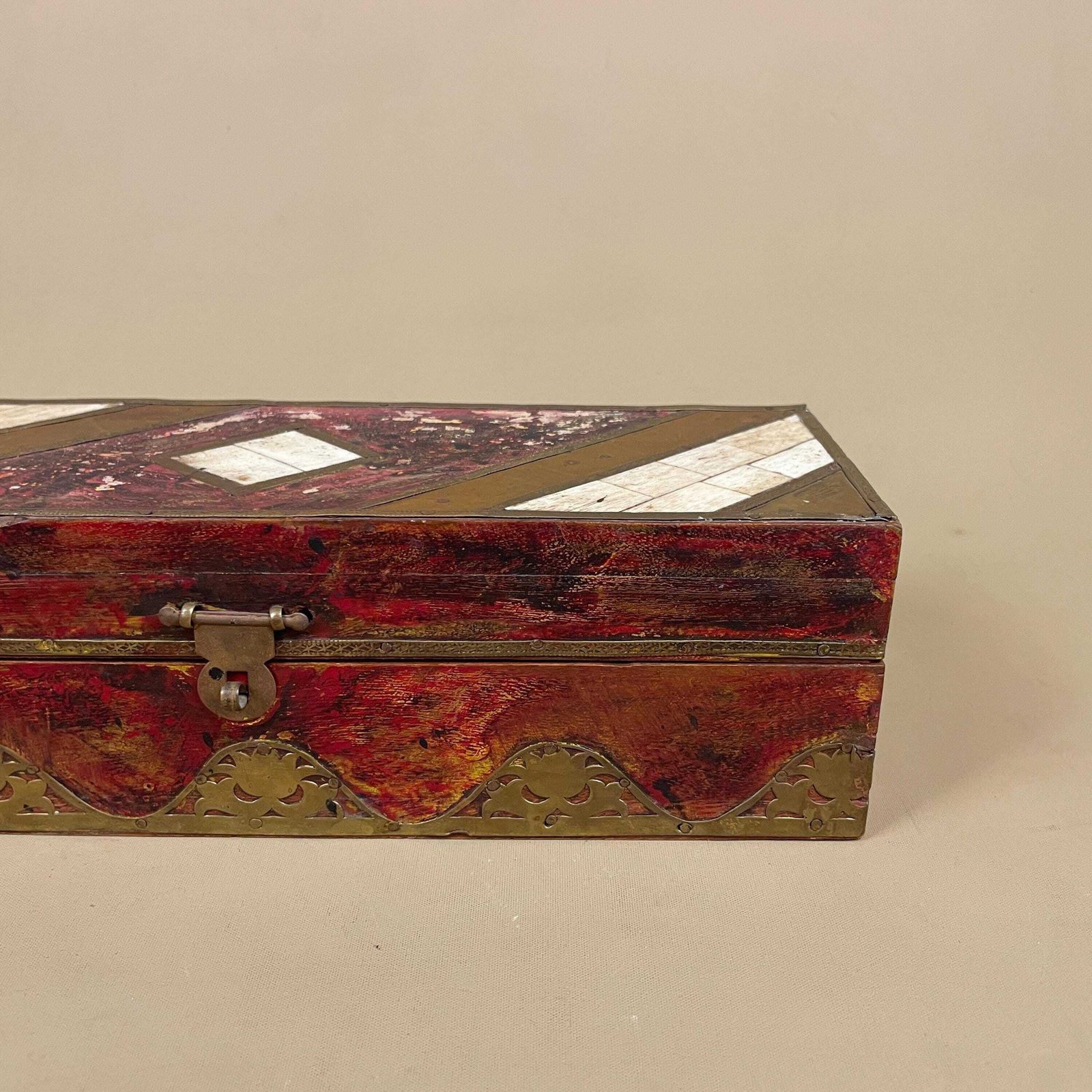 Vintage Wooden Patterned Inlay Box Trinket Jewellery Indian Geometric Rectangular Rectangle Brass Metal Detail Asian Traditional Red photo 69.0