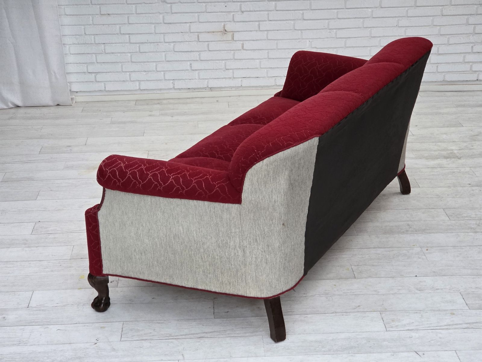 1950s, Danish 3 Seater Sofa, Red And Light Grey Furniture Wool, Carved Oak Wood. photo for sale