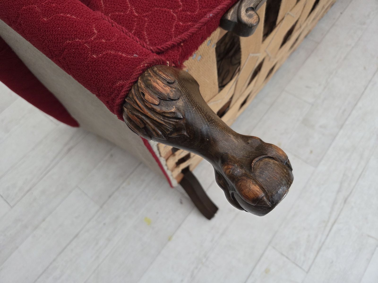 Furniture 1950s, Danish 3 Seater Sofa, Red And Light Grey Furniture Wool, Carved Oak Wood. photo